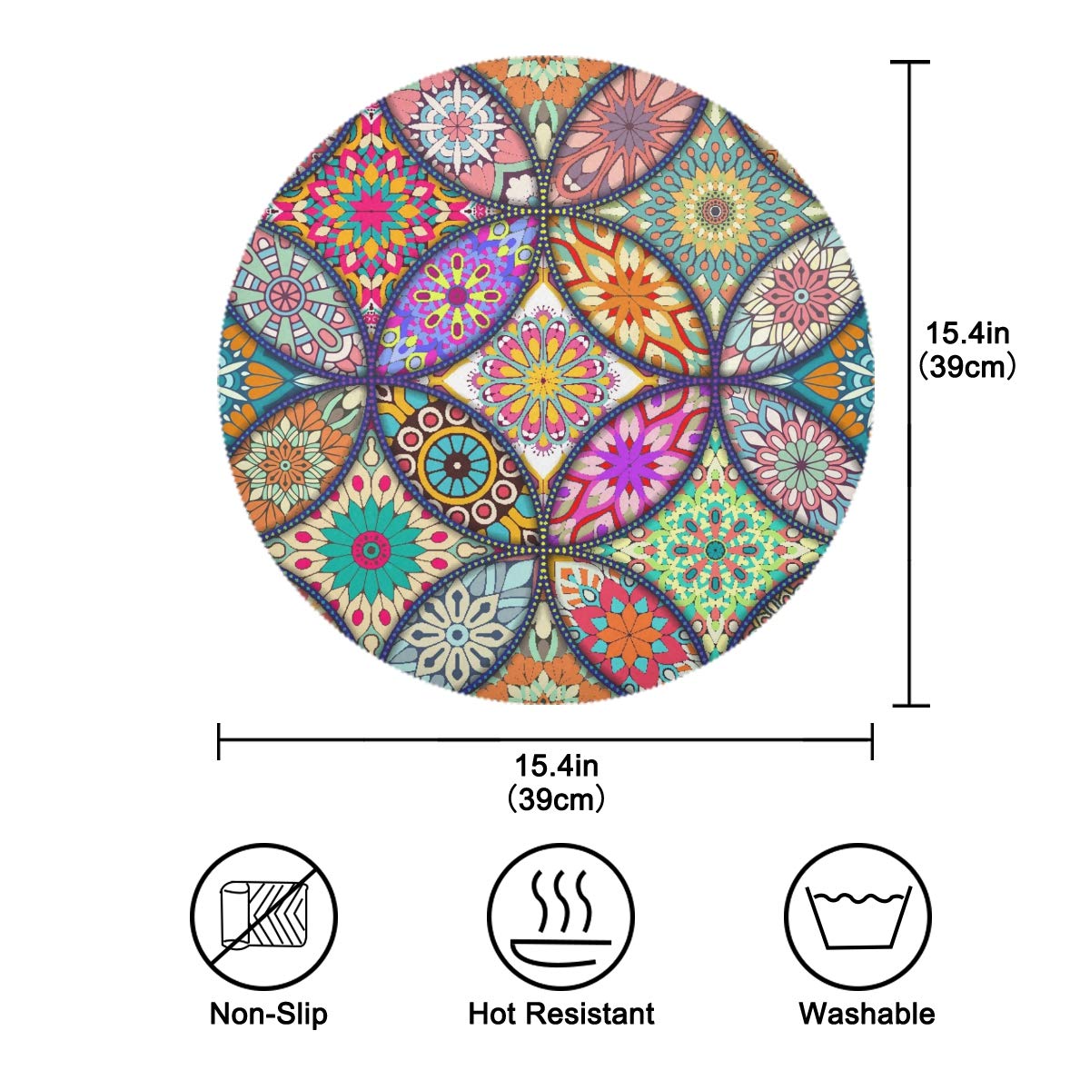 Boho Round Placemats Set of 1 - Washable Polyester Table Mats with Mandala Design for Dining & Kitchen Decor | Perfect for Home, Restaurant, and Party Use