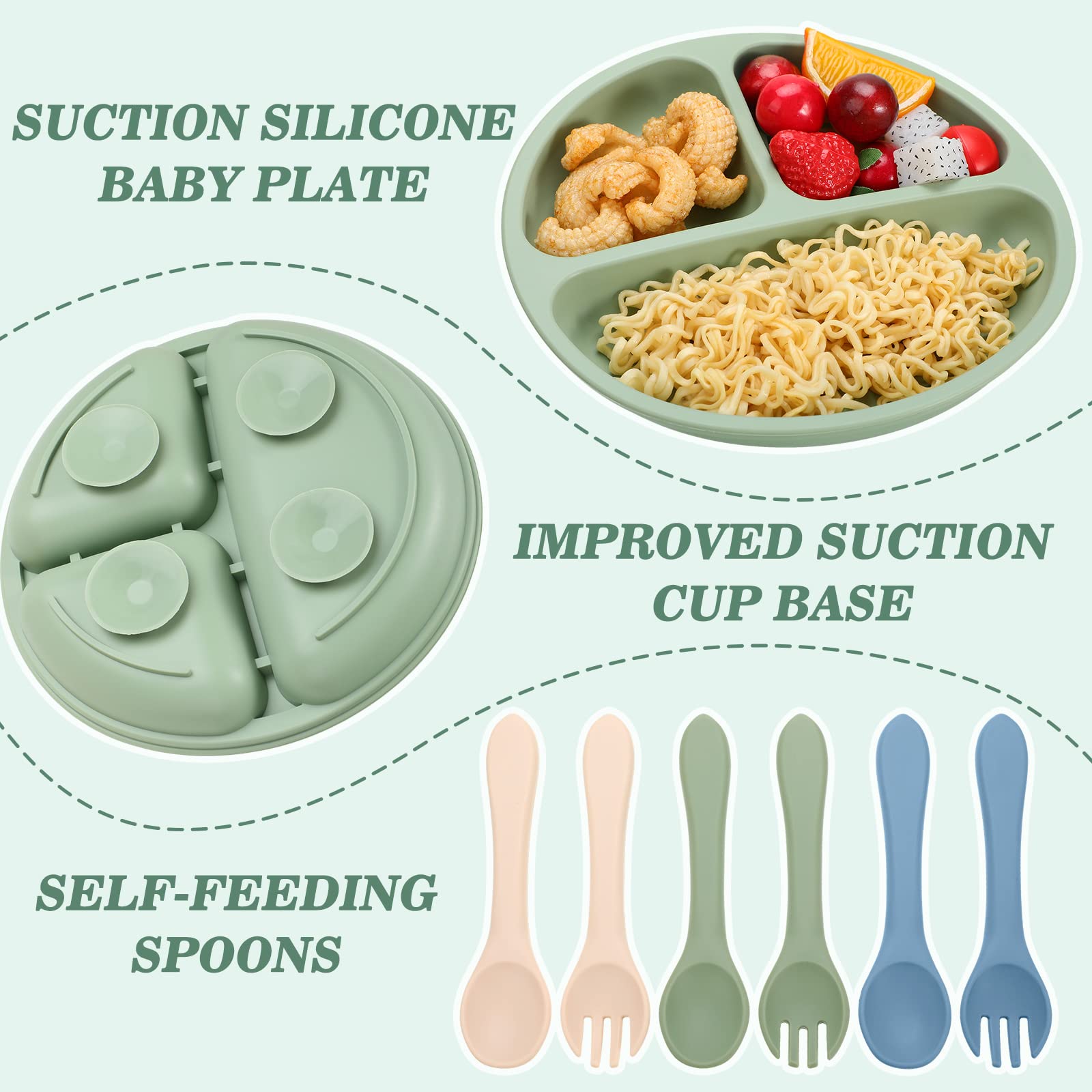 18-Piece Silicone Baby Feeding Set - Adjustable Toddler Bibs, Suction Bowls, Divided Plates, Spoons, Forks & Cups - BPA-Free Infant Dinnerware (Gray Blue, Navy Green, Beige) - Perfect for Mess-Free Mealtime at Home or On-the-Go