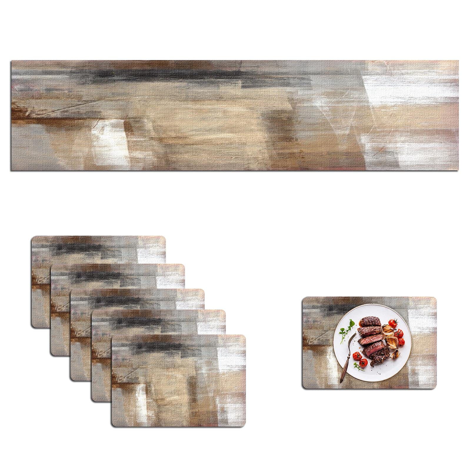 Mcalk Brown Table Runner and 6-Piece Beige Placemats Set - Modern Abstract Art Linen Table Mats for Kitchen & Dining Room - Washable & Durable for Everyday Use, Dinner Parties, and Holiday Decor