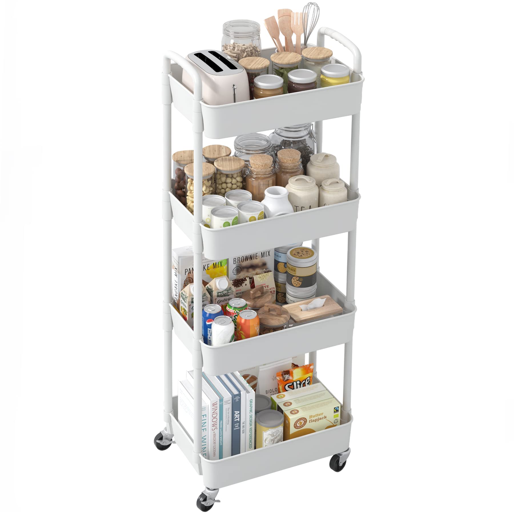 Sywhitta 4-Tier Rolling Storage Cart - White Mobile Kitchen Organizer with Wheels for Bedroom, Bathroom & Office | Perfect for Small Space Organization & Home Storage Solutions