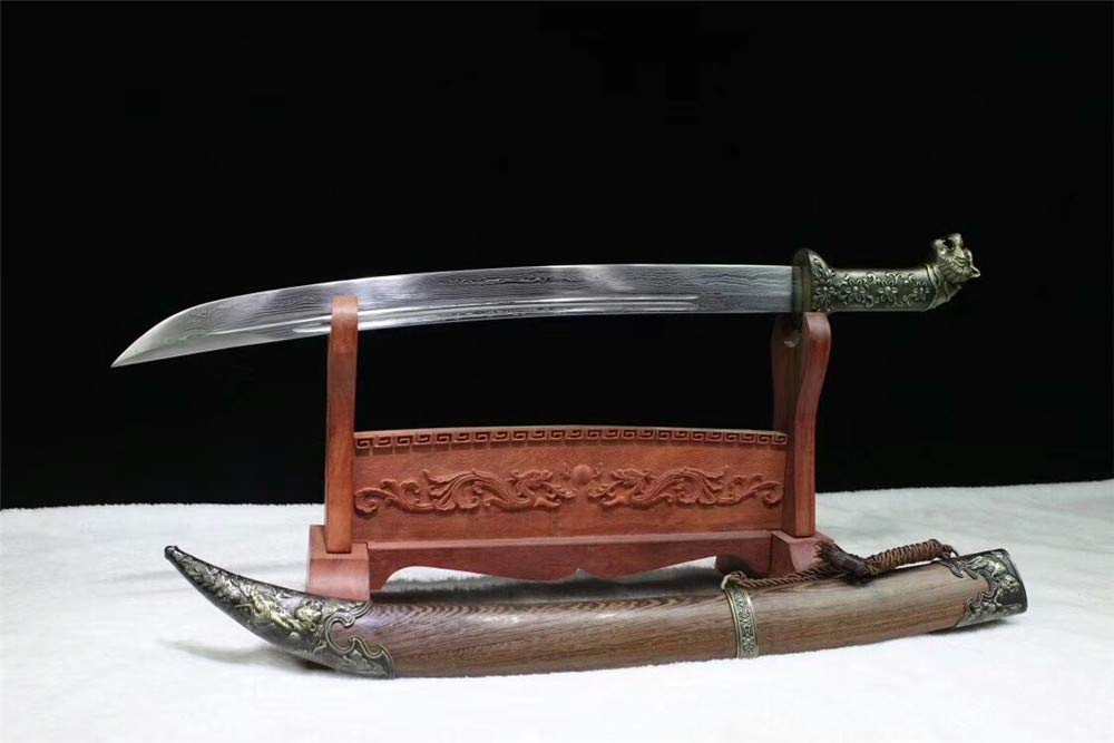 Hand-Forged Damascus Steel Full Tang Chinese Dao Sword with Tiger Handle - Perfect for Martial Arts Training, Collecting & Home Decor