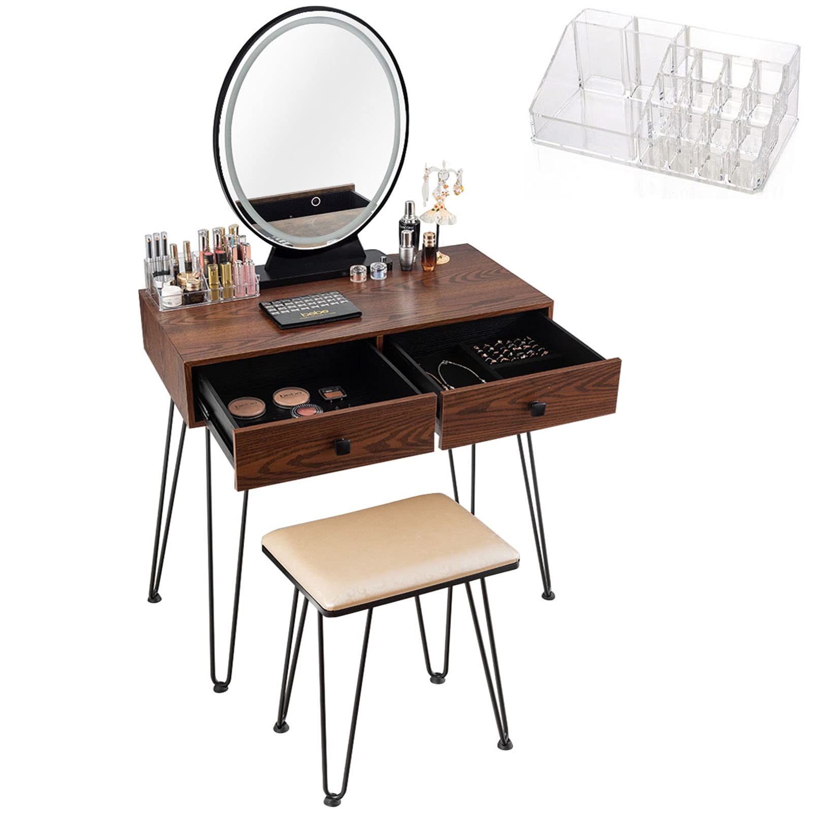 Charmaid Makeup Vanity Table with LED Mirror - 3 Lighting Modes & Adjustable Brightness, 2 Spacious Drawers & Acrylic Organizers, Girls Bedroom Dressing Table Set with Stool (Walnut) - Perfect for Makeup Application, Skincare Routine & Bedroom Decor