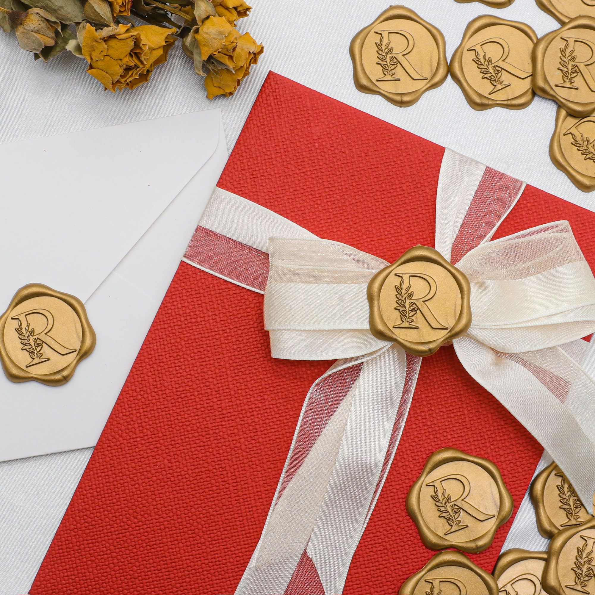 SWANGSA 100-Pack Letter R Wax Seal Stickers - Antique Gold Botanical Leaves for Wedding Invitations & Envelopes