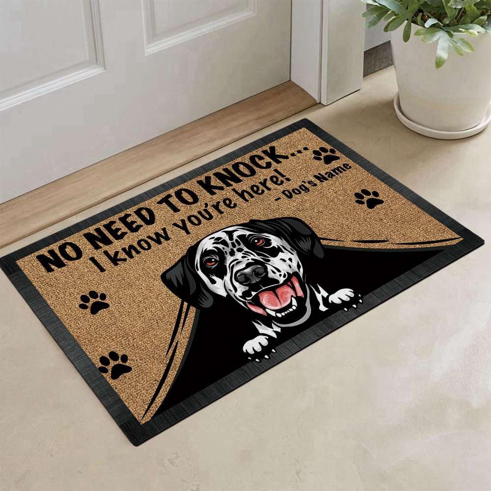 Personalized Doormat - Cute Peeking Dalmatian Dog Design - 'No Need to Knock I Know You're Here' - 23.6 x 15.7 Inch Non-Slip Welcome Mat for Front Door, Porch, or Entryway - Perfect Housewarming Gift for Dog Lovers