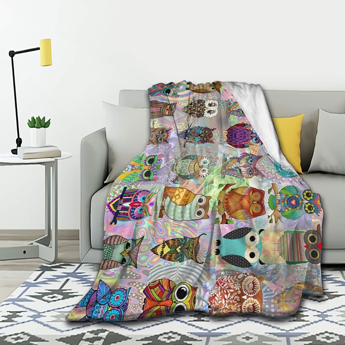 MYSTCOVER Psychedelic Owls Flannel Throw Blanket - Lightweight, Soft & Warm Plush Quilt 80