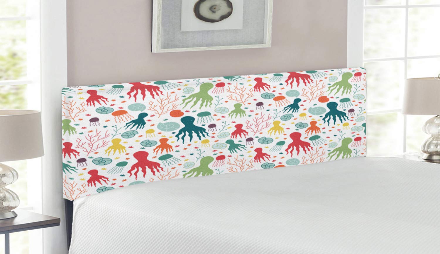 Ambesonne Octopus Headboard - Ocean Themed Upholstered Metal Bed Frame with Memory Foam | Queen Size Colorful Doodle Design Featuring Jellyfish & Shellfish | Perfect for Kids' Bedroom, Coastal Decor & Nautical Theme Rooms