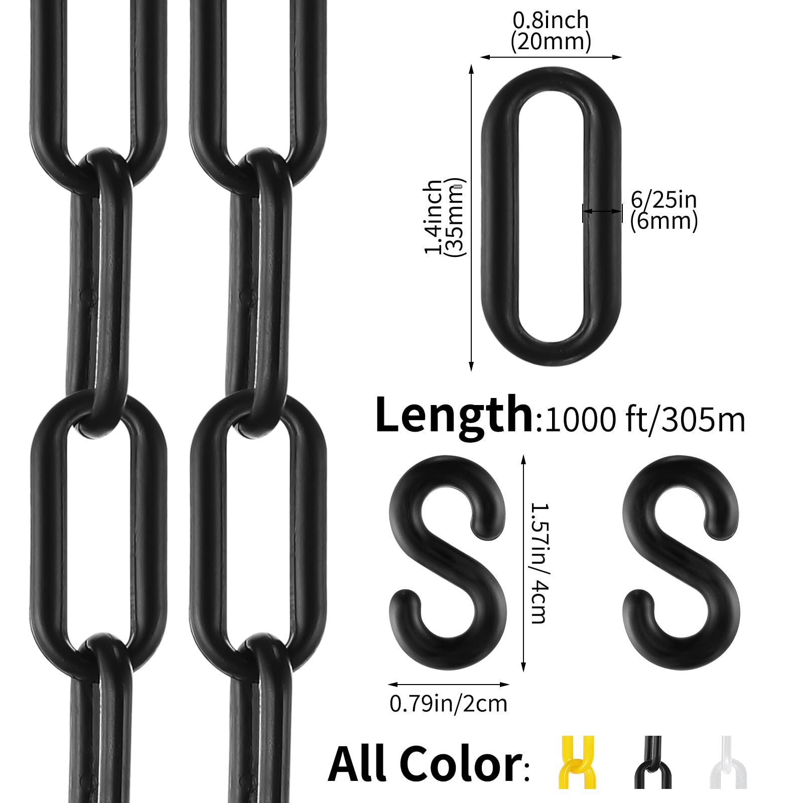 Geelin 1000ft Plastic Barrier Chain - Weatherproof Safety Crowd Control Barriers, Heavy Duty Garden Fence Decoration (Black) - Ideal for Events, Construction Sites & Outdoor Safety Control