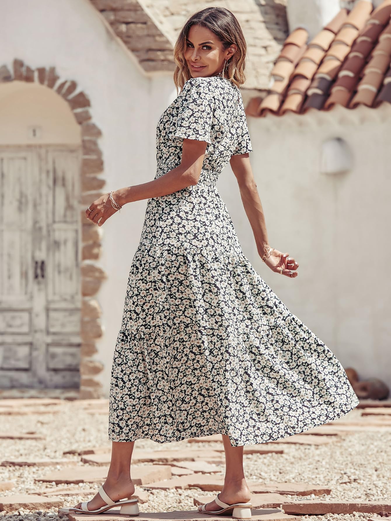 Floerns Women's Short Sleeve Boho Floral A-Line Smocked Midi Dress - Black Floral Print Size XL - Perfect for Summer Vacations, Beach Parties & Casual Outings