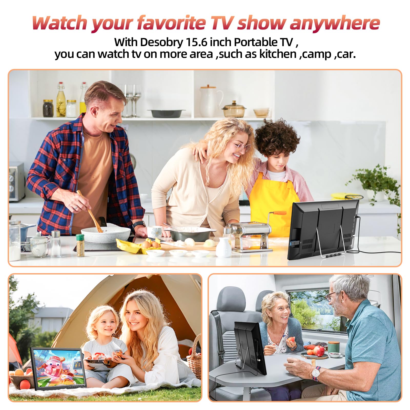 Desobry 15.6 Inch Portable TV with Rechargeable Battery | 1080P HD DVB-T2 Digital Tuner | USB/HDMI/AV Inputs | 12V for RV, Campervan & Travel | Includes Antenna, AC Adapter & Remote Control | Perfect for Camping, Road Trips & Small Spaces