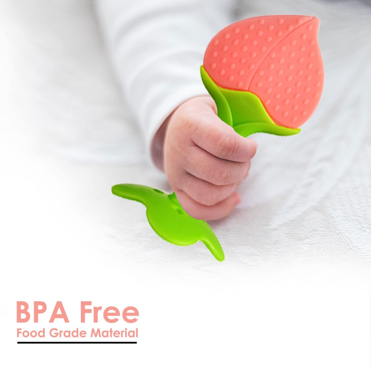 Kritiu Fruits Teether & Teether Combo - BPA-Free Silicone Baby Teething Toy for 0-12 Months | Soft & Safe Infant Gum Massager | Red Watermelon & Peach Design | Perfect for Soothing Sore Gums at Home or On-the-Go