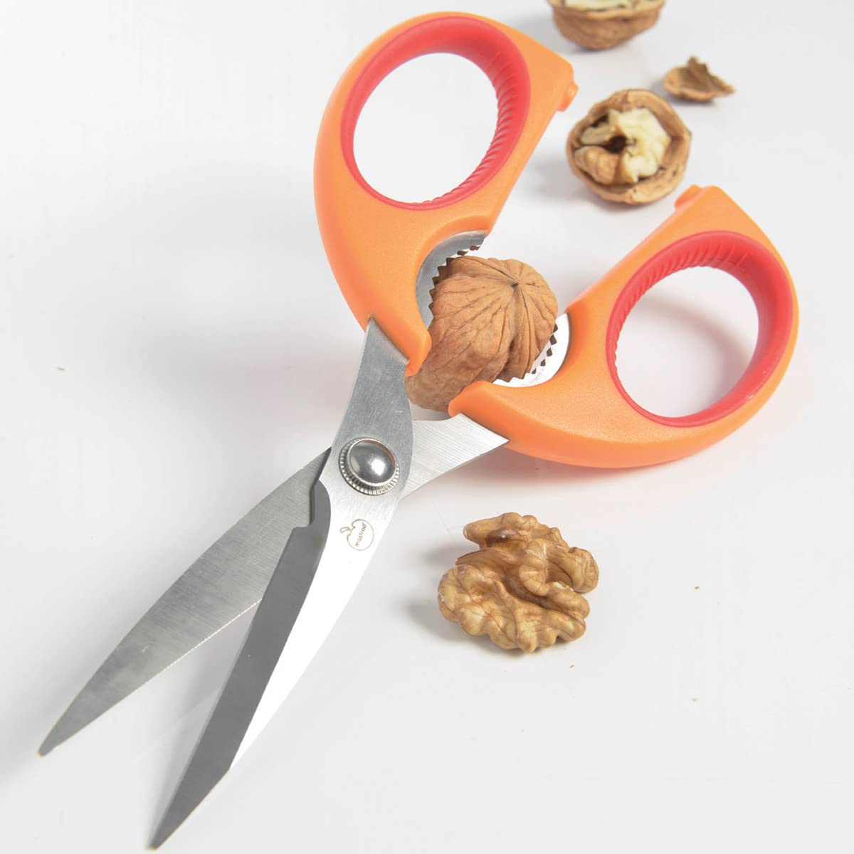 Mastrad Nut Cracker Kitchen Scissors - Soft Grip Stainless Steel Shears with Ergonomic Handles, Easy Cleaning, Orange/Raspberry (F24004) for Cutting Nuts, Herbs, and Poultry