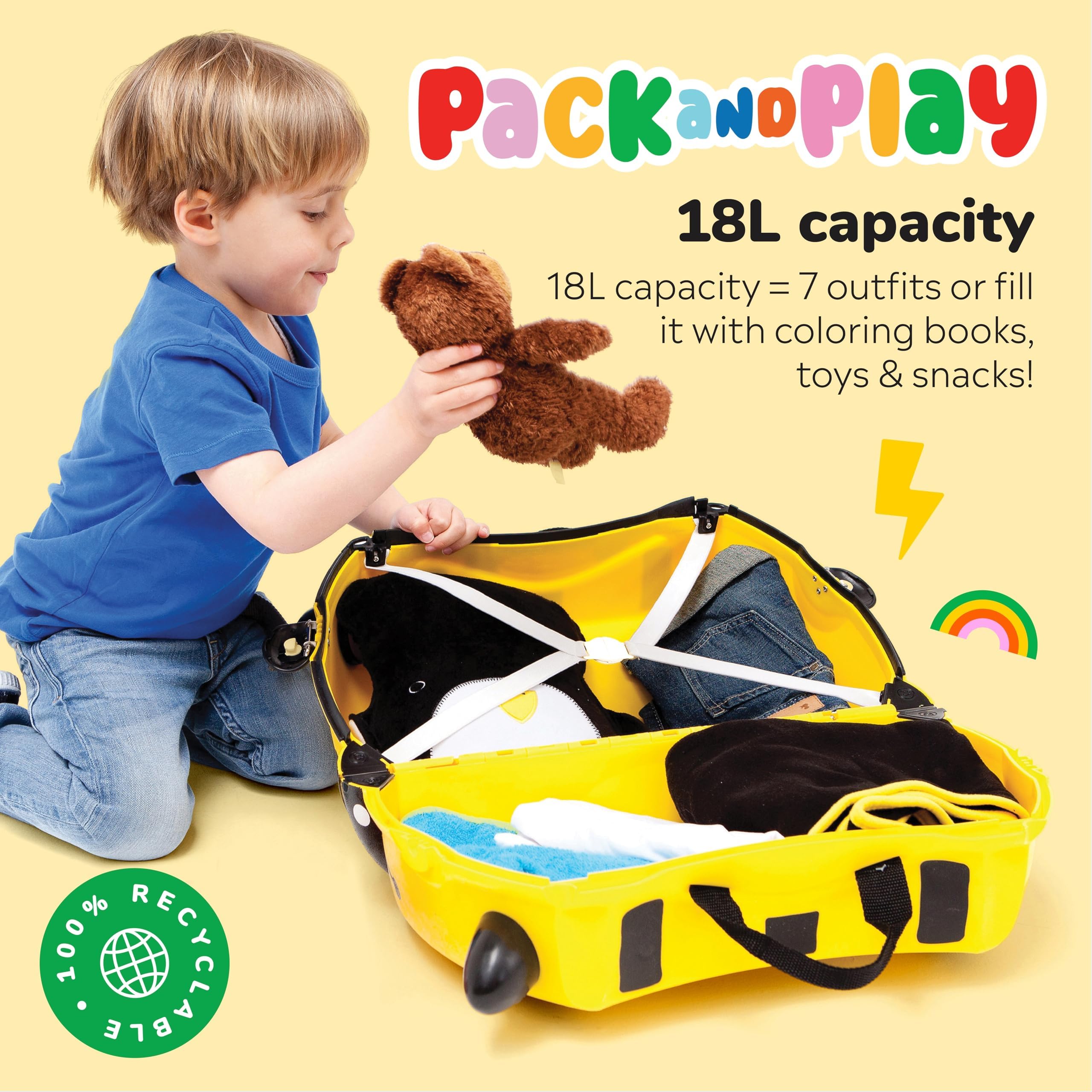 Trunki Ride-On Kids Suitcase - Tow-Along Toddler Luggage with Wheels | Airplane Travel Essentials for Boys & Girls | Bernard Bee Yellow | Perfect for Family Trips, Airport Adventures & Playtime