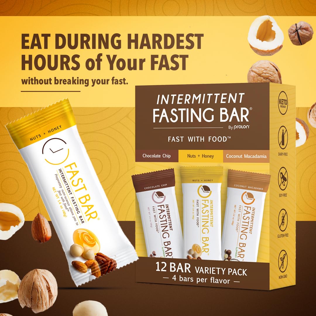 Prolon Fast Bars - Keto, Gluten Free, Dairy Free, Plant Based Protein Snacks for Intermittent Fasting | Variety Pack with Nuts & Honey, Chocolate Chip, Coconut Macadamia Flavors (12 Count) | Perfect for On-the-Go Nutrition, Workout Recovery & Healthy Lifestyle