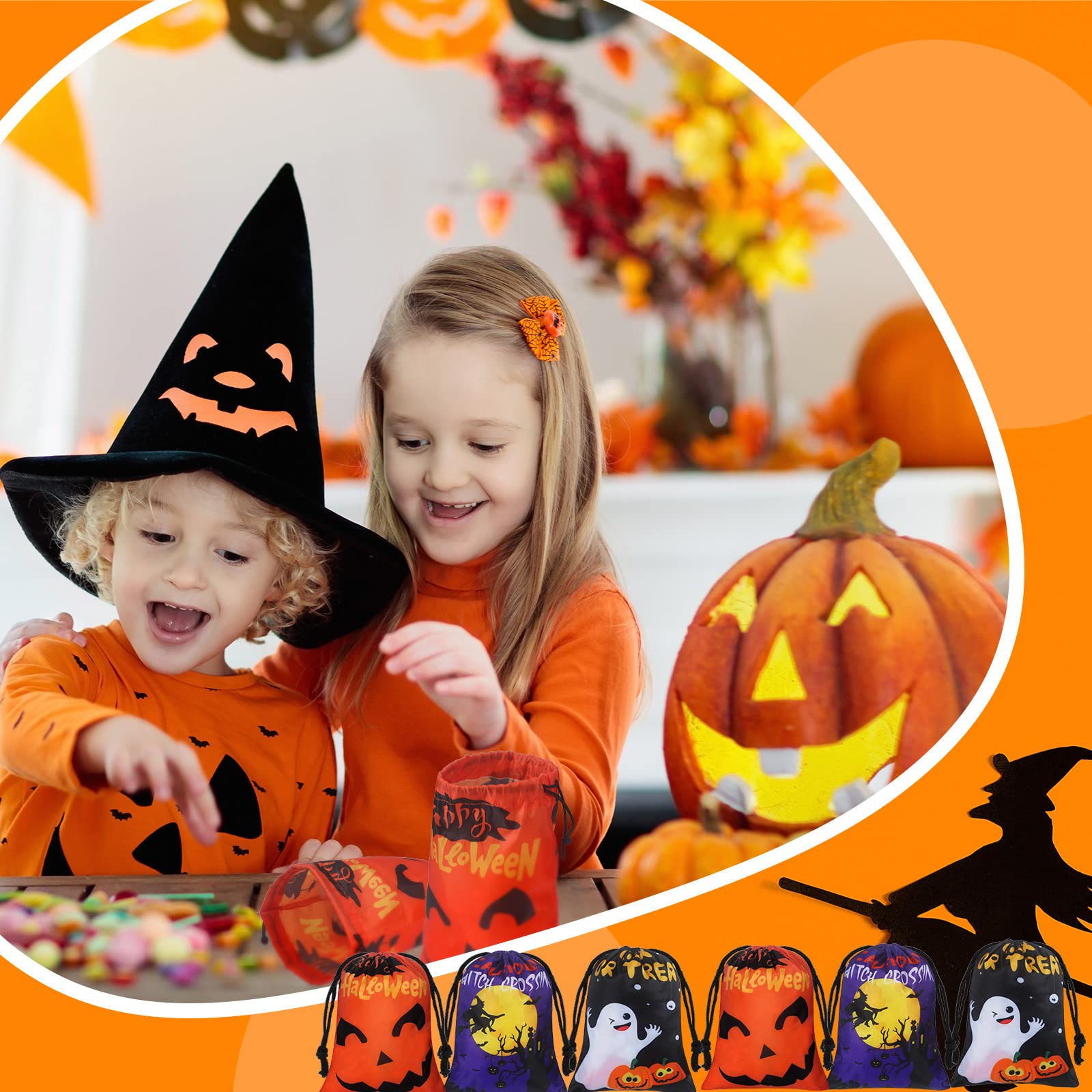 Leifide 24 Pcs Halloween Drawstring Candy Bags - 7x5 Inch Trick or Treat Treat Bags, Pumpkin Goodie Bags for Halloween Party Favors, School Events & Classroom Treats