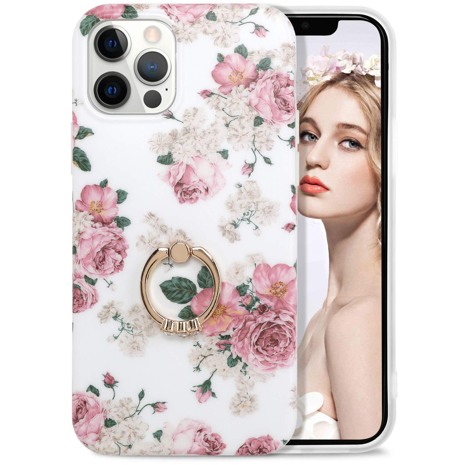 **iPhone 12 Pro Max Case for Women - Floral Pattern Ultra Thin Matte Soft TPU Silicone Cover with 360° Ring Holder - Compatible with Apple iPhone 12 Pro Max 6.7