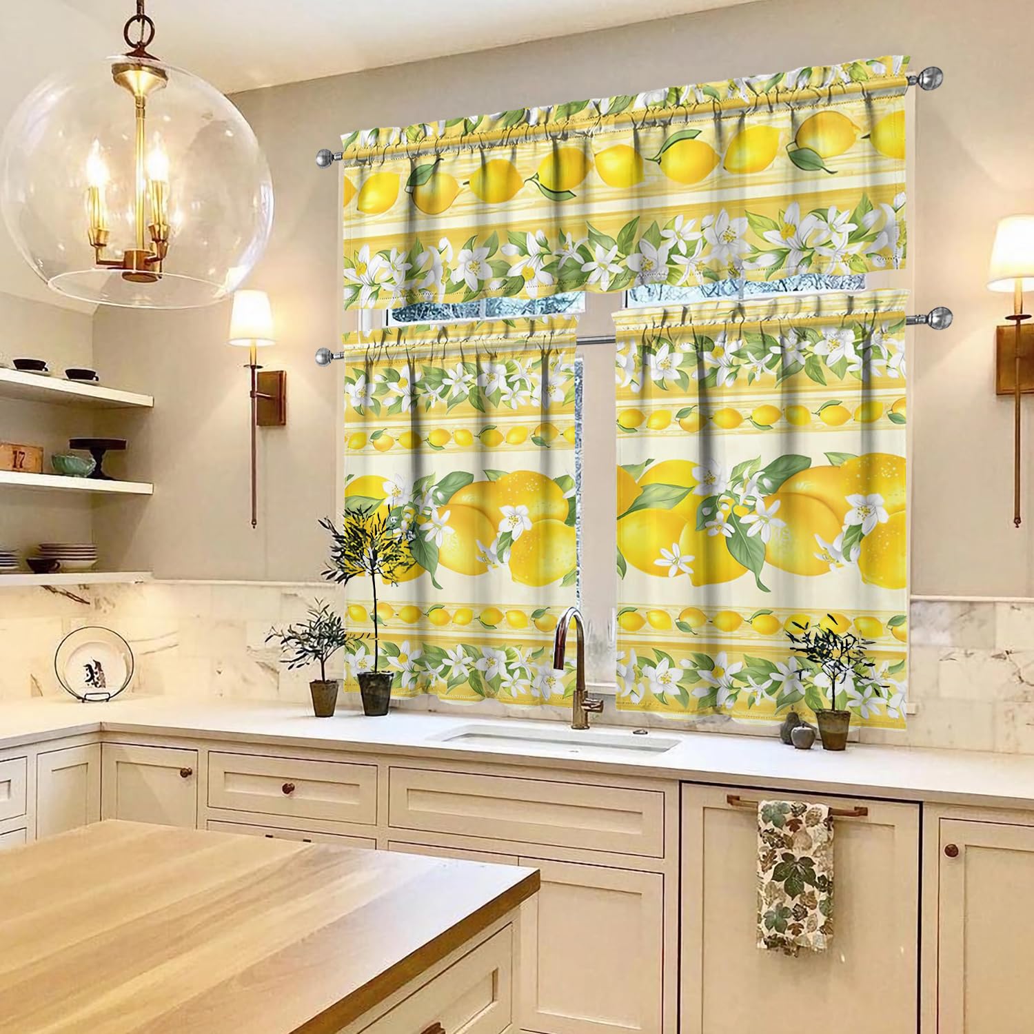 Lemon Kitchen Curtains Set - 3 Piece Window Valance for Sink (54x36