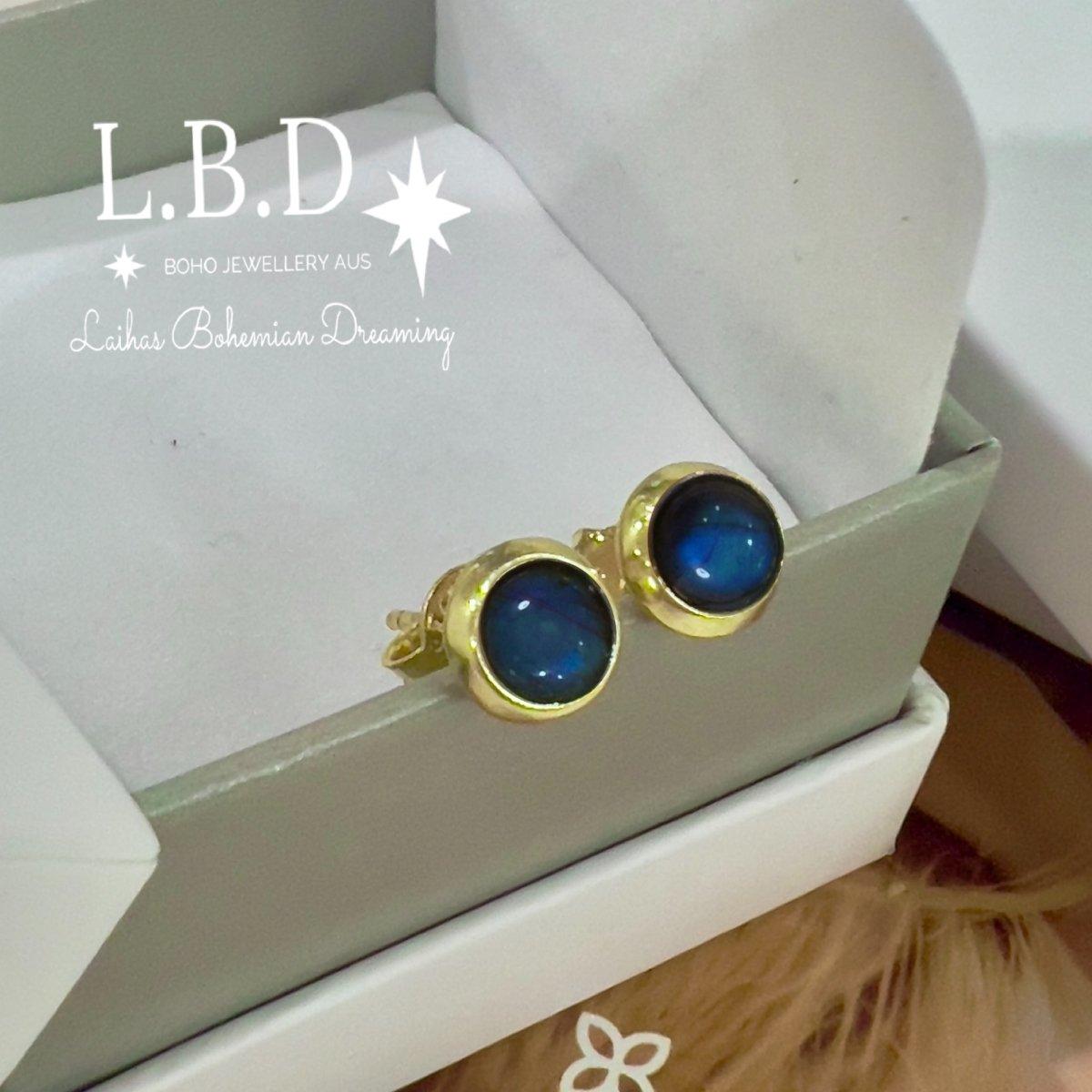 Labradorite Stud Earrings - Small Round Gold Plated Chic & Classic Studs for Women | Perfect for Everyday Wear, Office & Special Occasions