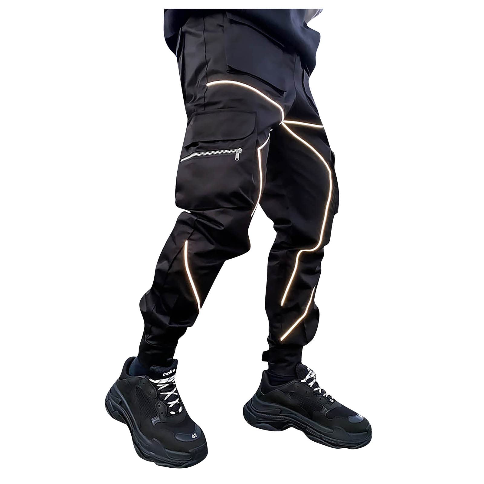 Men's Reflective Black Jogger Cargo Pants - Streetwear Hip Hop Sweatpants for Running, Workout & Y2K Fashion | Punk Rock Harem Pants for Night Safety & Urban Style