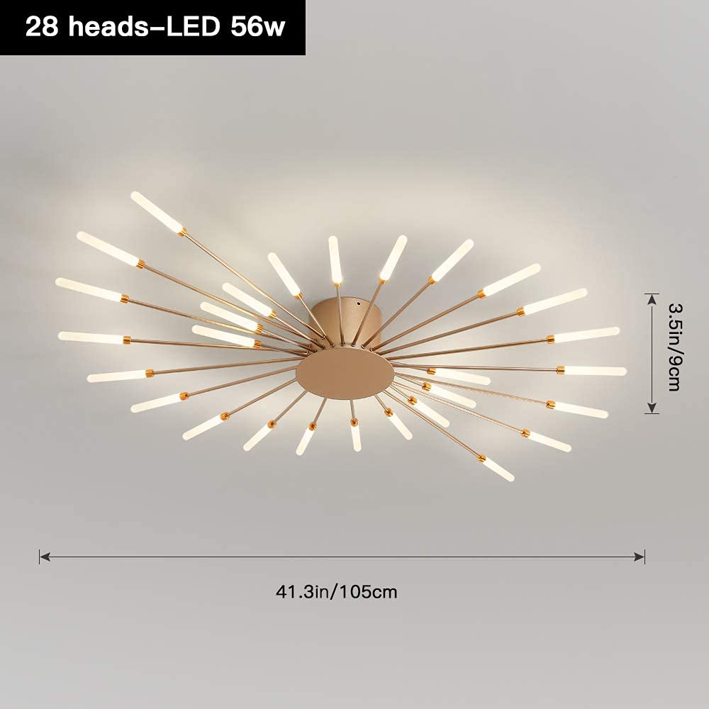 Modern Flower Shape Ceiling Light Fixture - 28 LED Sputnik Firework Petal Chandelier for Dining Room, Kitchen, Hallway - Flush Mount Metal Acrylic Lighting (Matte Gold) | Perfect for Home Decor, Restaurant Lighting & Commercial Spaces