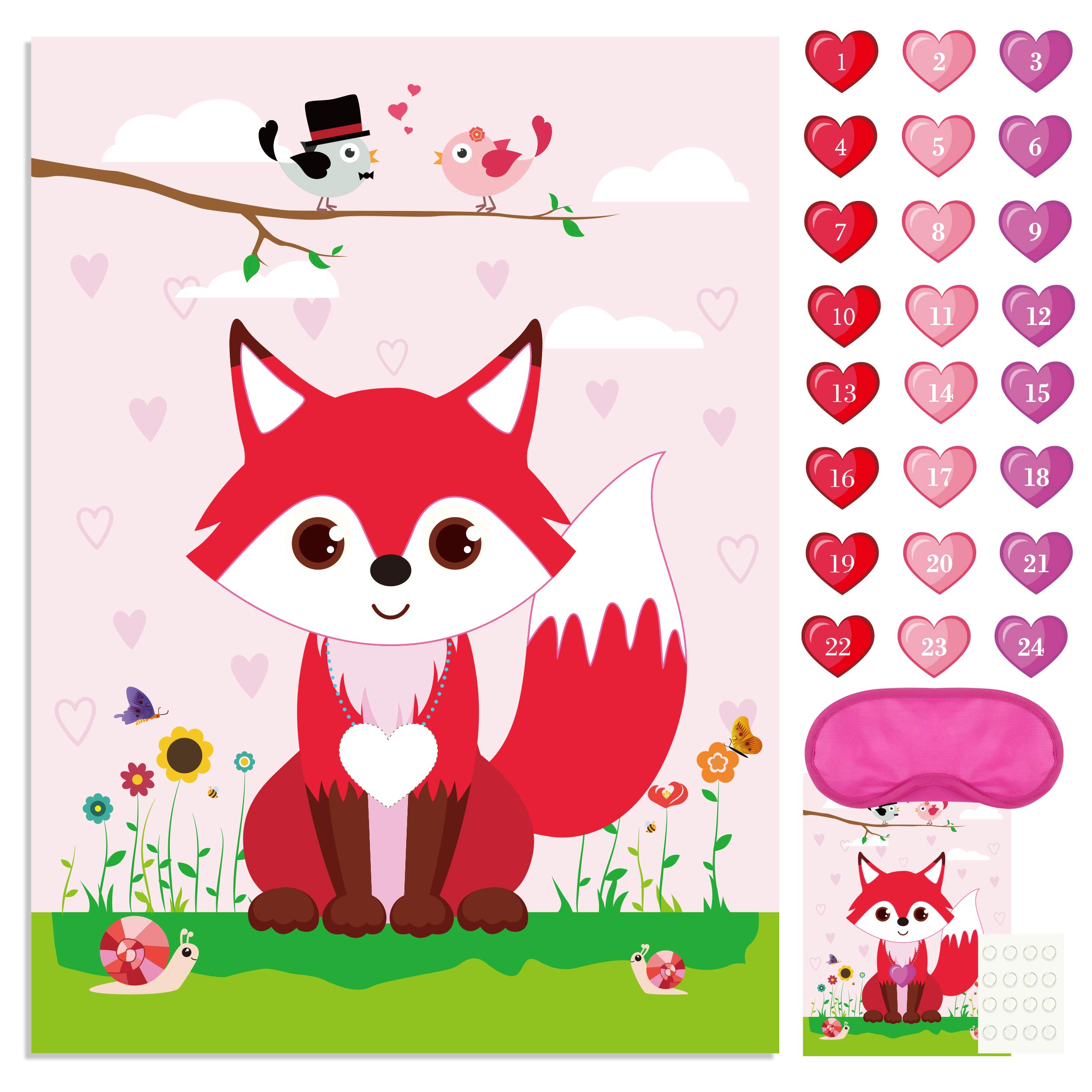 FEPITO Pin The Heart on The Fox Valentine's Day Game - 24Pcs Heart Stickers for Kids Valentine Party Supplies, Birthday Party Decorations - Fun Valentine's Day & Birthday Party Activities for Kids