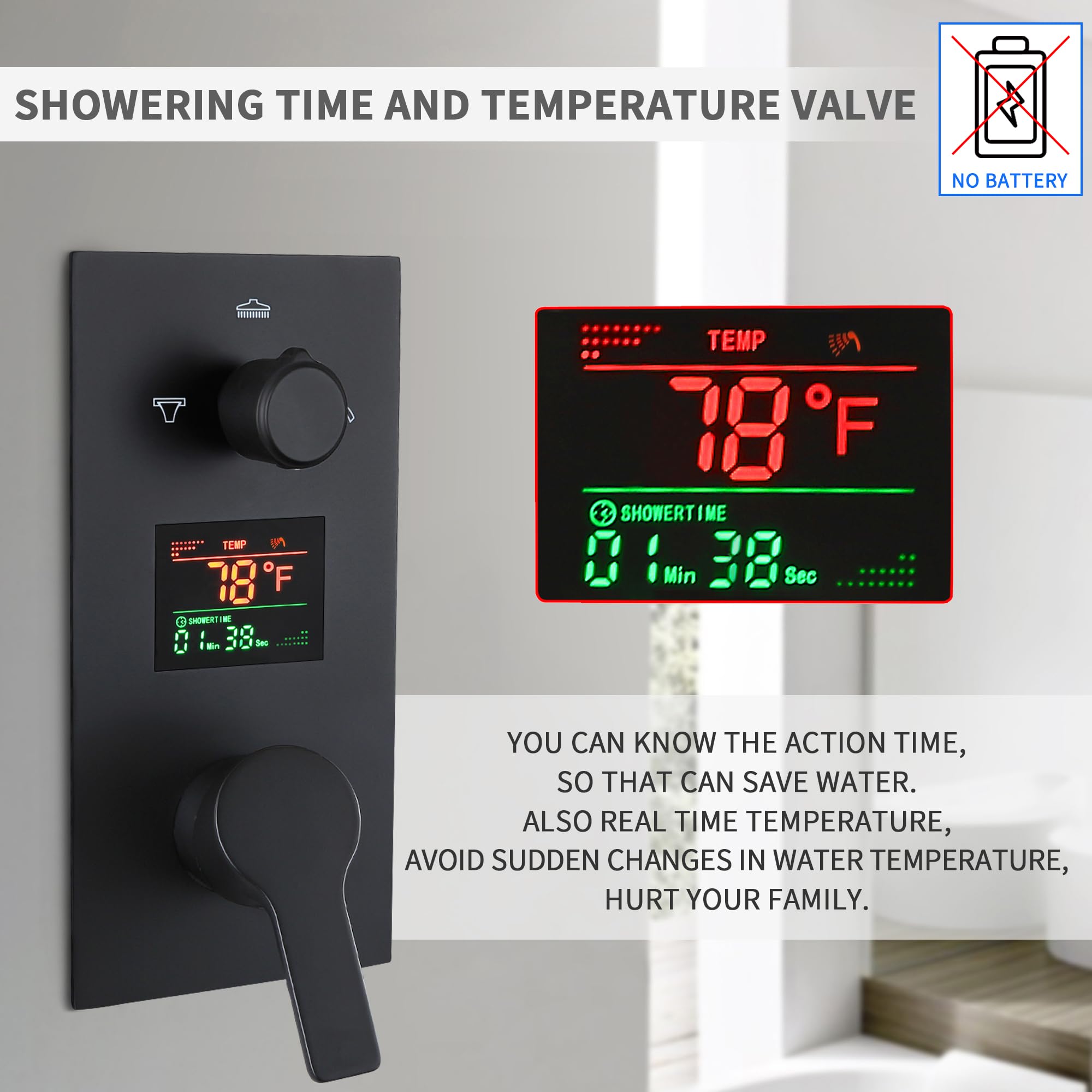 SKWOLL Matte Black Shower Faucet Set - 12 Inch Wall Mounted Rain Shower Head with Digital LCD Display & 3 Function Valve Kit | Modern Bathroom Upgrade for Spa-Like Experience