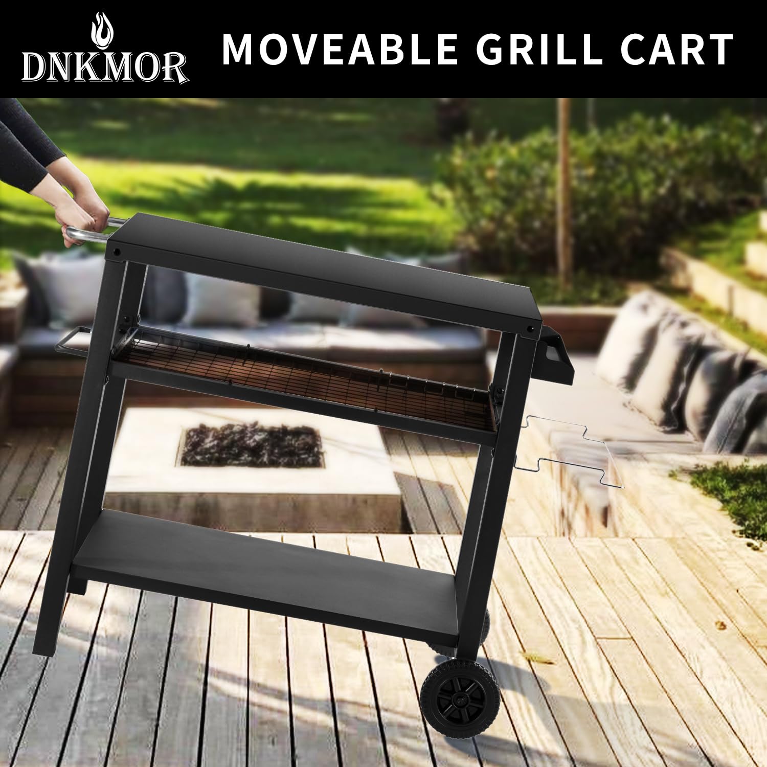 3-Tier Rolling Kitchen Cart - Portable Outdoor BBQ Grill Table with Pizza Oven Stand & Hooks - Multi-Functional Food Prep Station for Indoor/Outdoor Use - Perfect for Patio Cooking, Backyard Parties & Small Space Kitchens (Black)