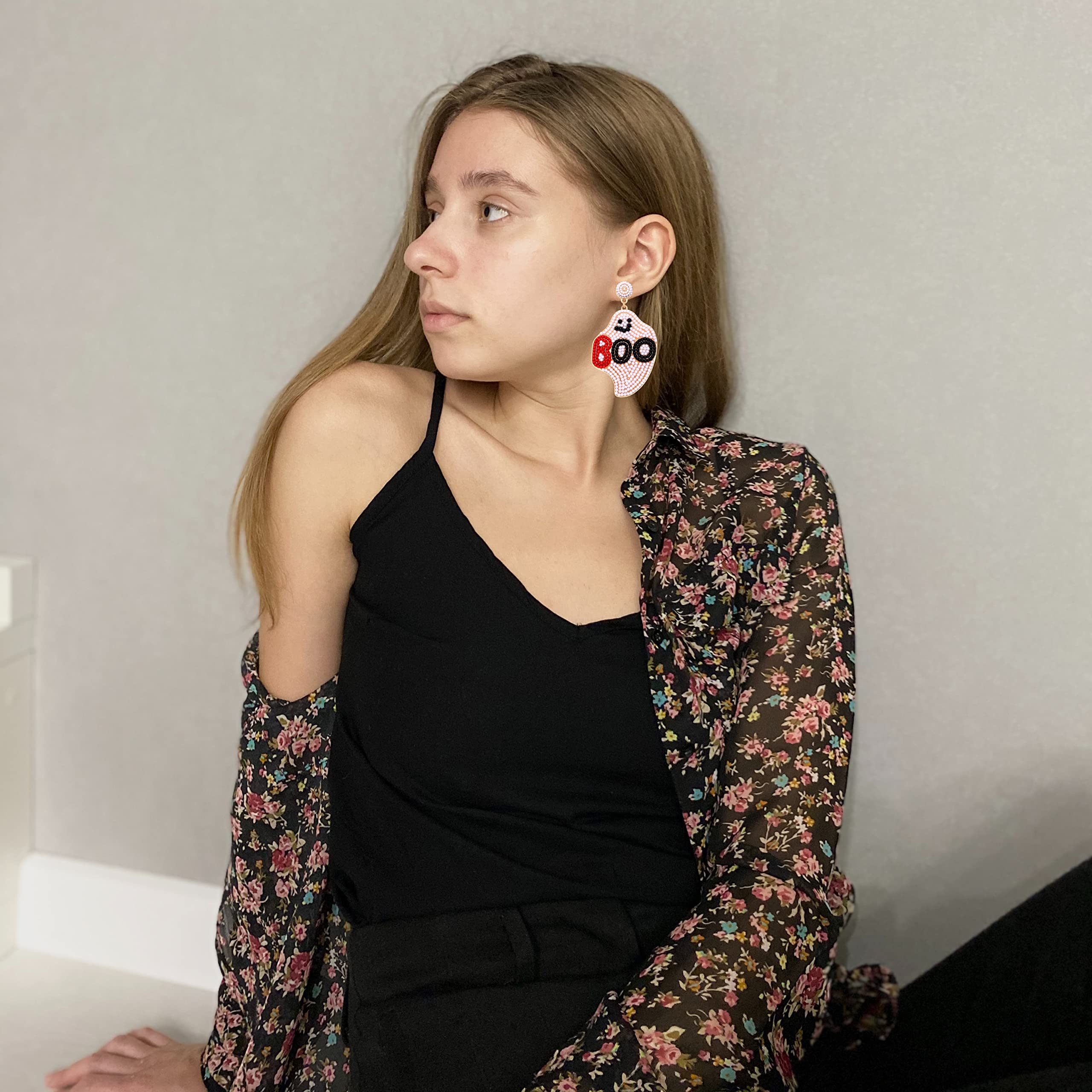 Halloween Ghost Beaded Earrings for Women | Candy Corn Drop Dangle Earrings | Handmade Trick or Treat Jewelry | Spooky Boo Studs | Costume Party Accessories | Perfect for Halloween Parties, Cosplay & Themed Events