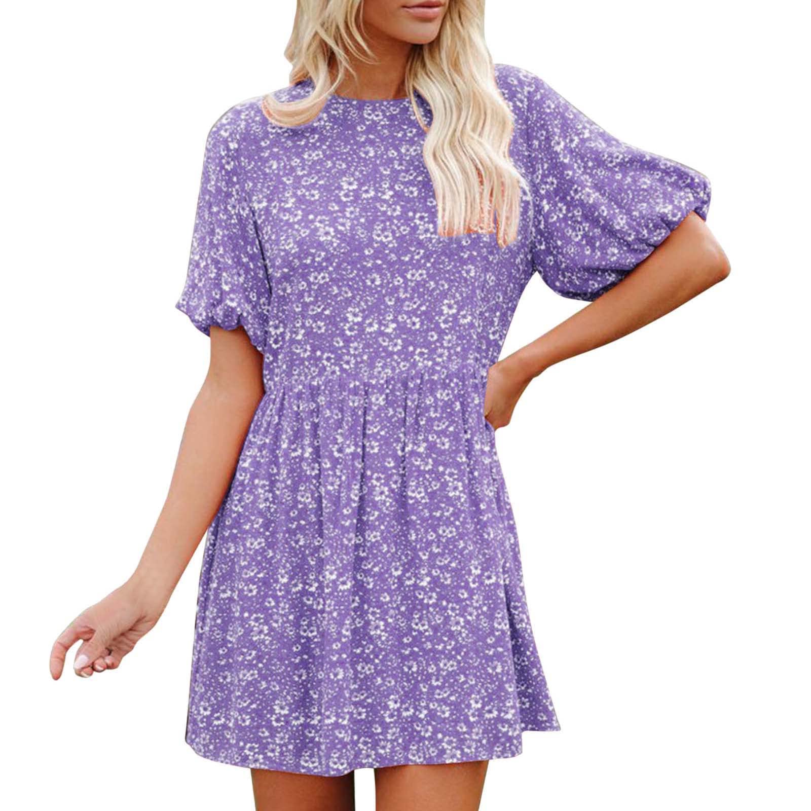 Women's Floral Print Summer Dress - Round Neck Balloon Sleeve Mini Dress with Loose Fit | Casual Beach Wear, Vacation Outfits, Date Night Dress