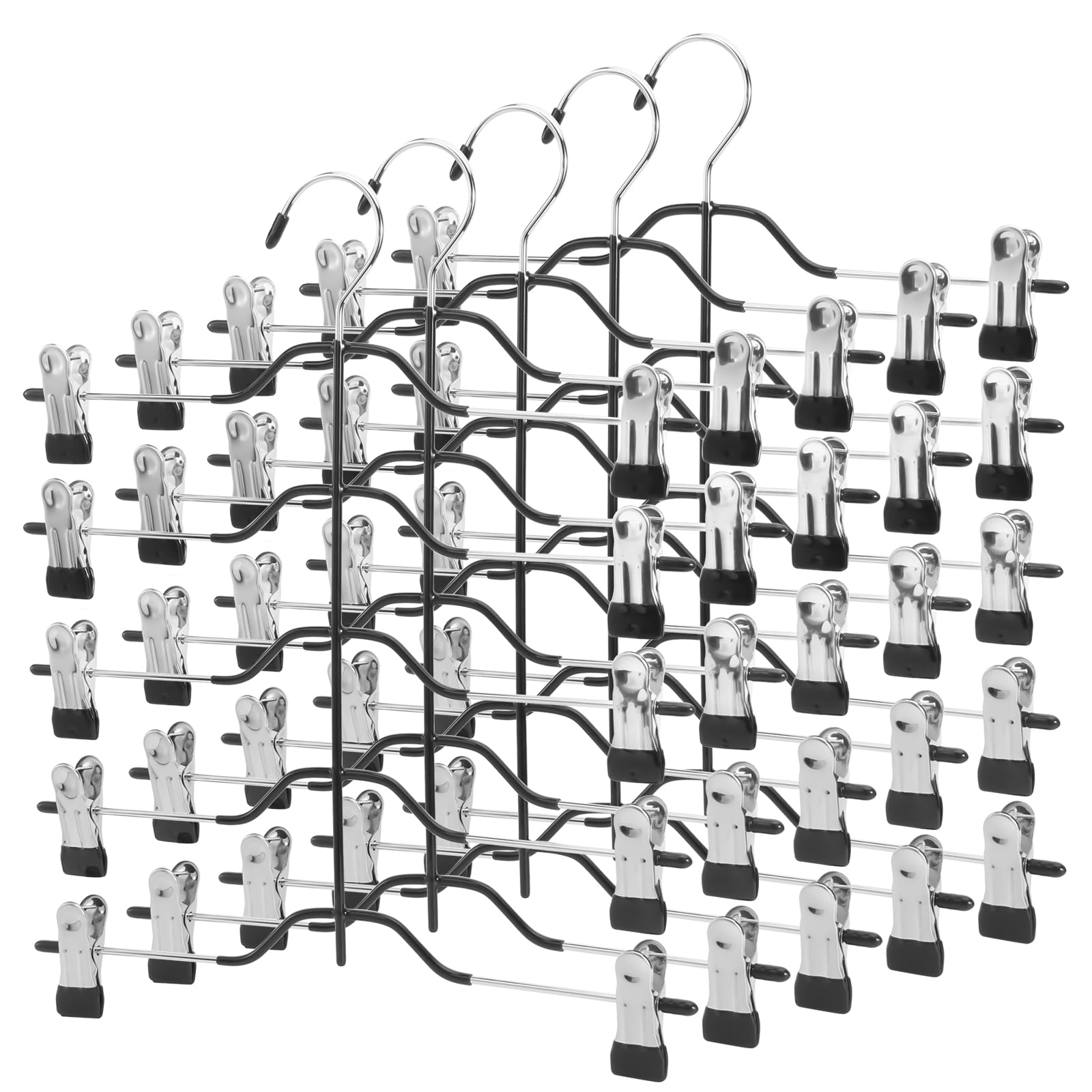 YULEER 5-Tier Space Saving Clothes Hangers with Adjustable Clips - 5 Pack Multi-Functional Hanger for Skirts, Shorts, Pants & Closet Organization (Rubber Dipped Sleeves) - Perfect for Small Closets, Dorm Rooms & Travel