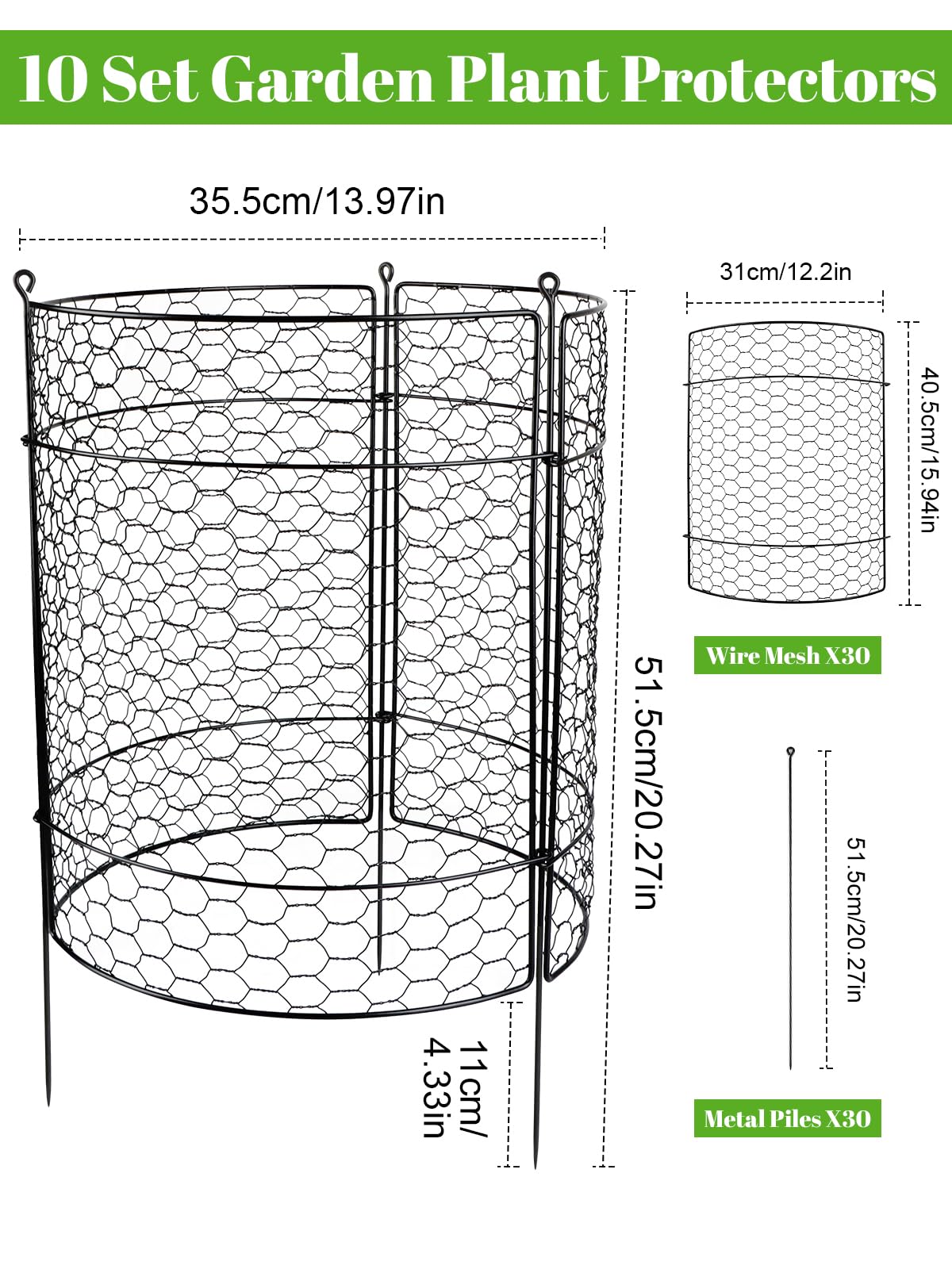 Kalolary 10-Pack Large 20'' x 14'' Metal Garden Plant Protectors - Animal Proof Wire Cages with Stakes for Rabbits, Squirrels & Pets - Perfect for Vegetable Gardens, Flower Beds & Potted Plants