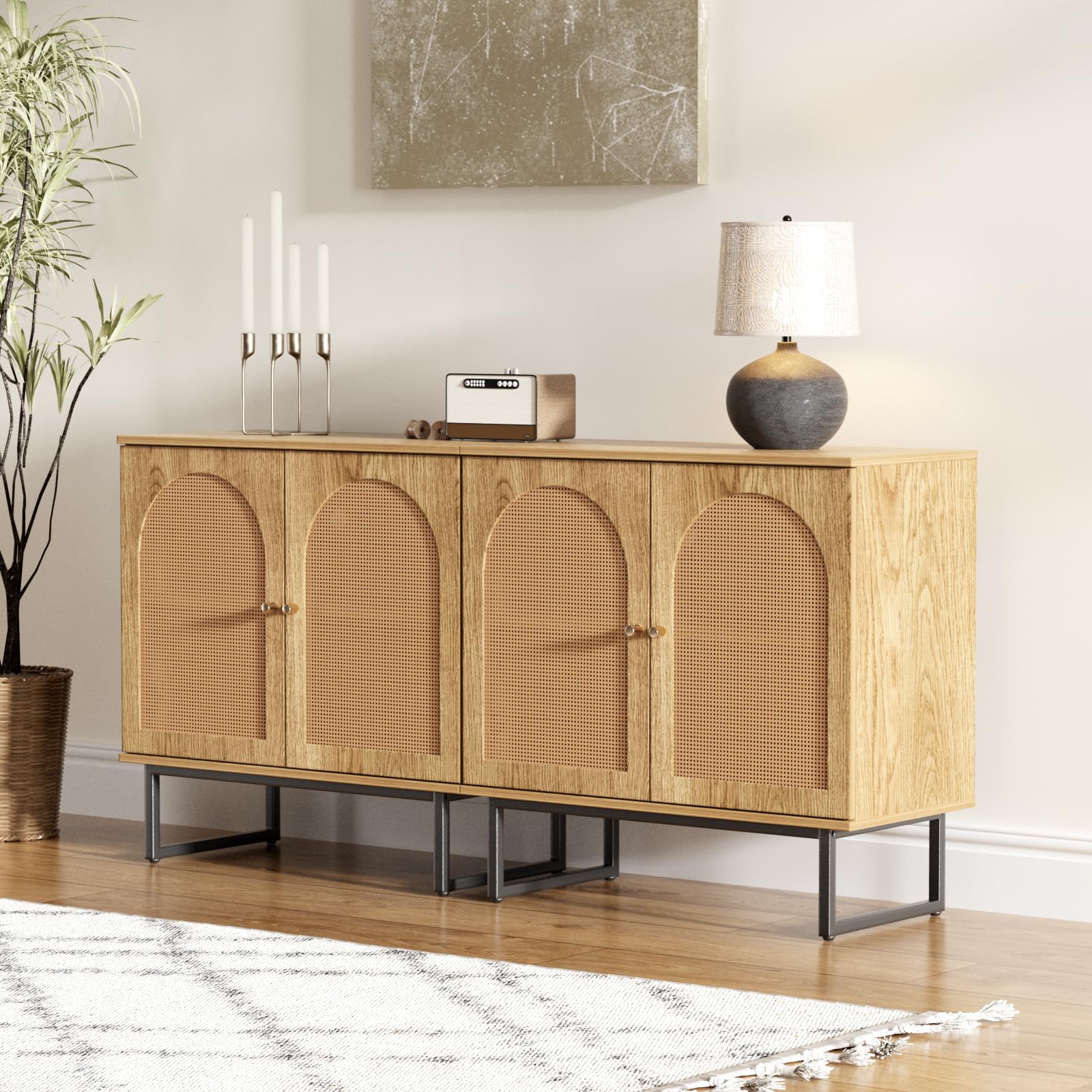 Rattan Sideboard Buffet Cabinet with Metal Legs - Boho Style Credenza for Living Room, Dining Room, Entryway - Natural Wood Buffet Storage Cabinet Set of 2 - Perfect for Home Decor, Entertaining & Organizing Dishes
