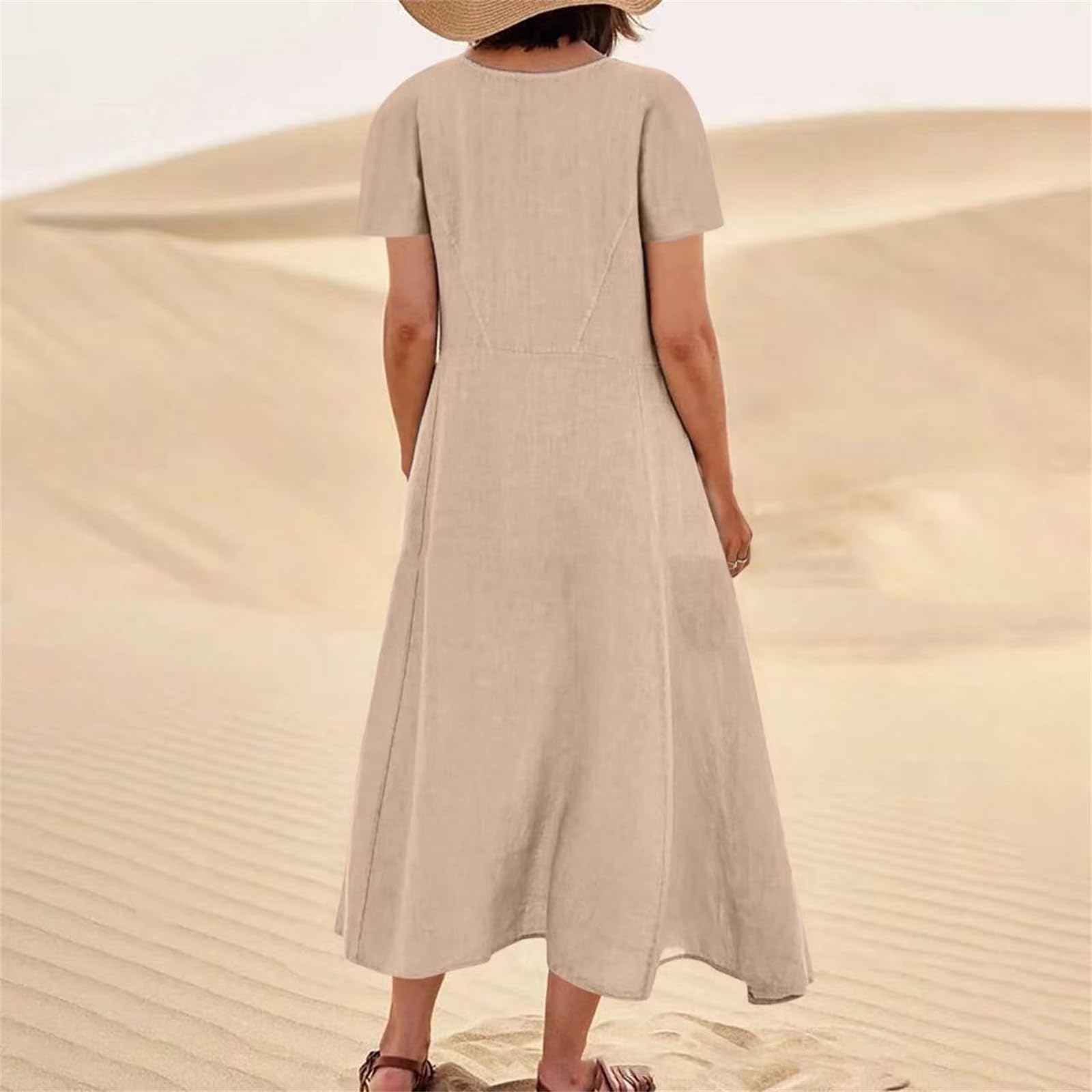 **Women's Casual Midi Dresses with Pockets - Round Neck Short Sleeve T-Shirt Maxi Dress for Vacation, Beach, and Everyday Wear**