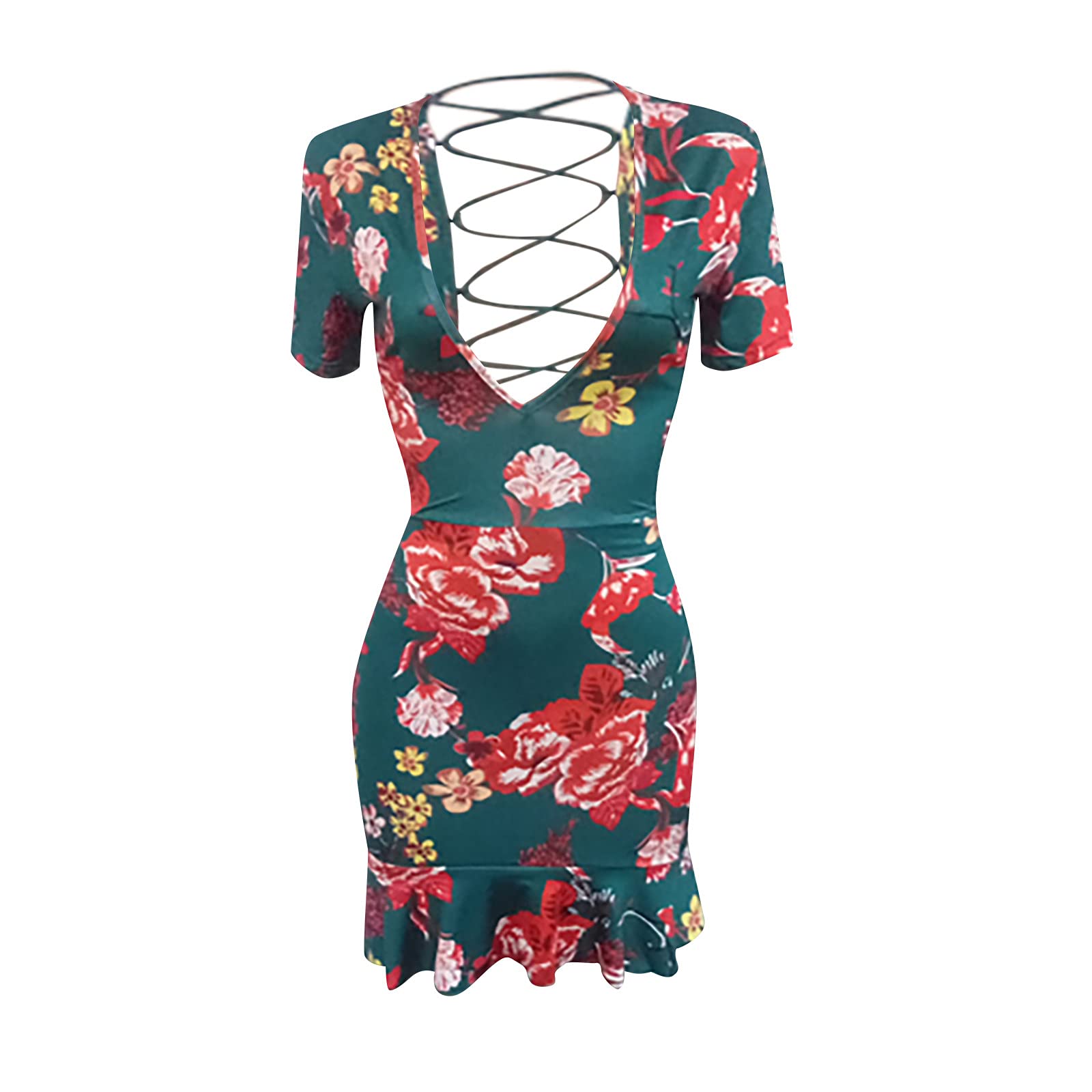Vintage Floral Print Square Collar Short Sleeve Mini Dress - Women's Sexy Summer Ruffled Slim Fit Skirt Dress for Beach, Party & Date Night