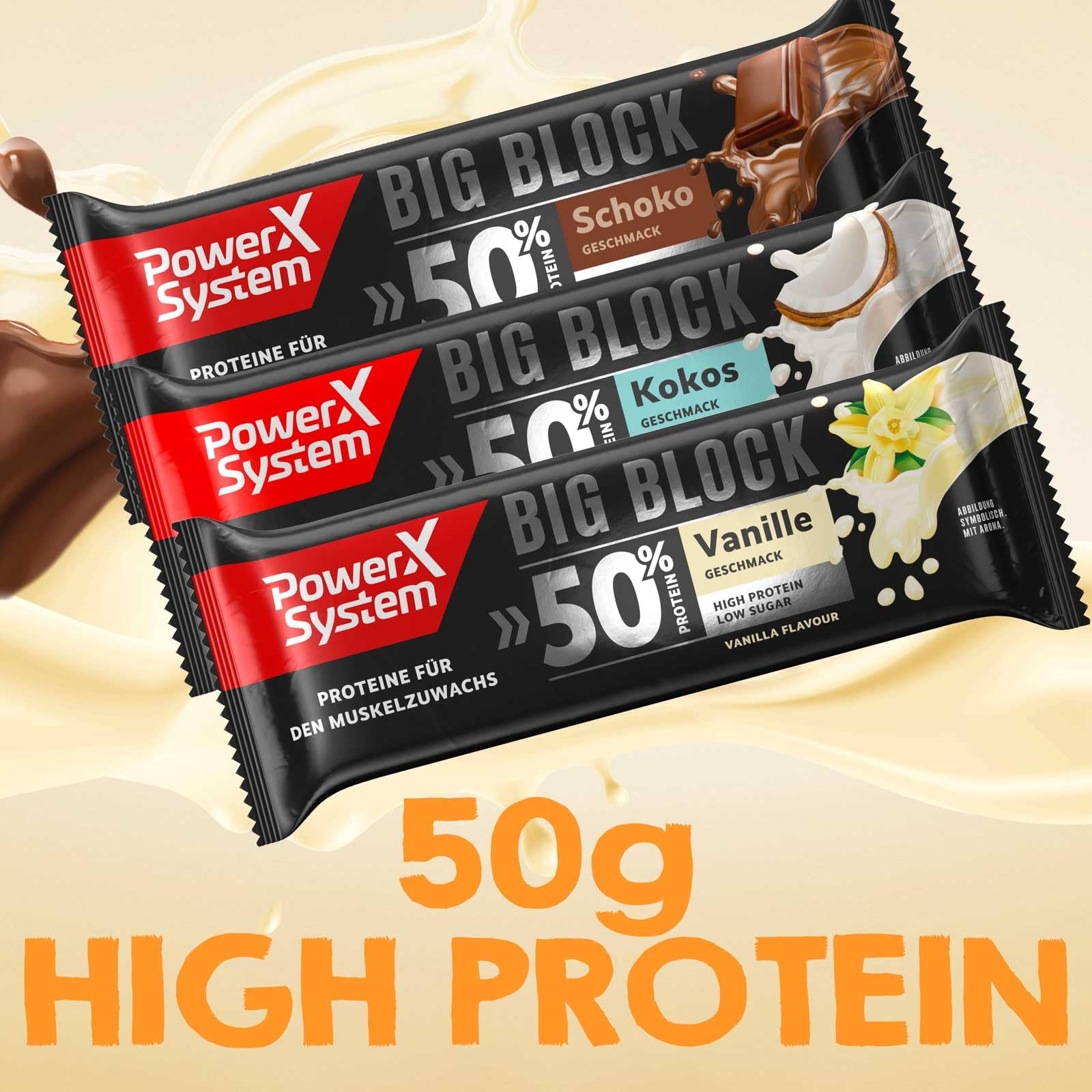 Power System Big Block 50% High Protein Bar Mix Box - Vanilla, Chocolate & Coconut Flavors (6 x 100g Protein Bars) for Gym, Workout & Healthy Snacking