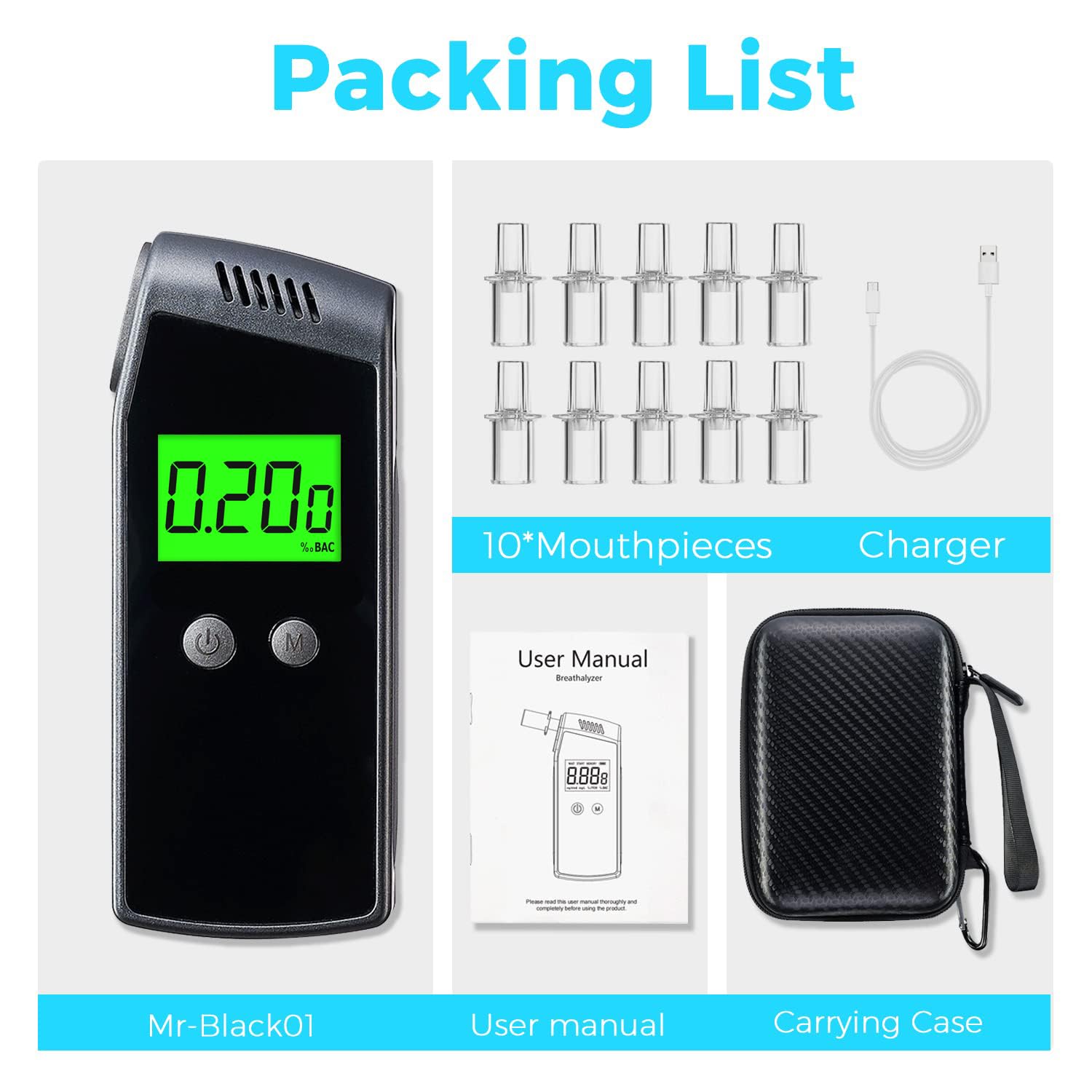 Professional Breathalyzer with High Accuracy - USB Rechargeable Alcohol Tester, Portable Digital LCD Display & 10 Disposable Mouthpieces - Perfect for Personal Safety, Workplace Testing & DUI Prevention