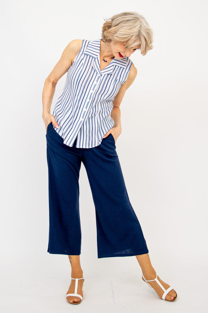 Lexa Tank Top - Indigo Stripe Bamboo Linen Blend Women's Shirt - Perfect for Yoga, Beachwear & Summer Casual Outfits