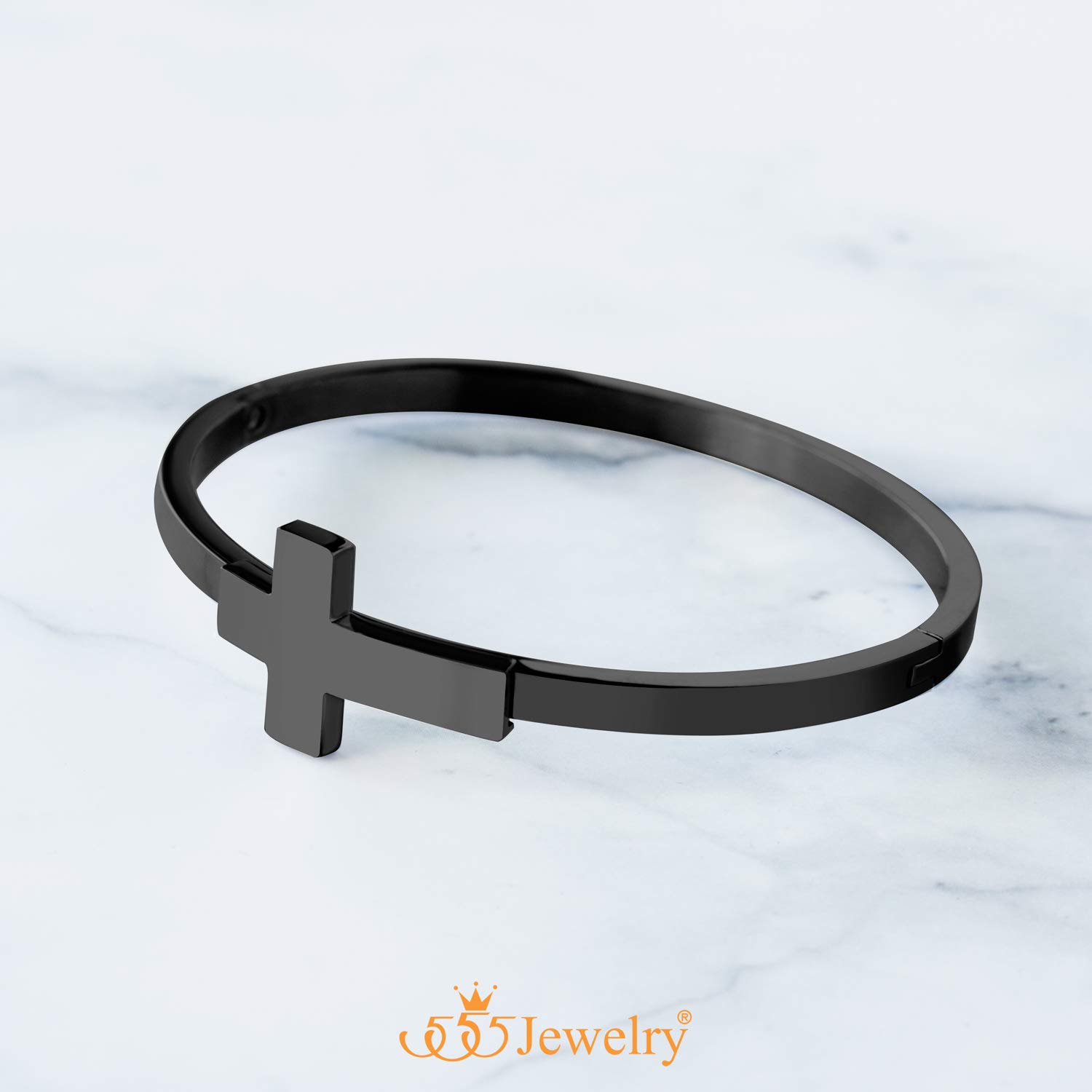 555Jewelry Stainless Steel Sideways Cross Cuff Bangle Bracelet for Women - Hypoallergenic Hinge Lock Design for Sensitive Skin | Perfect for Everyday Wear, Church, Gifts & Special Occasions