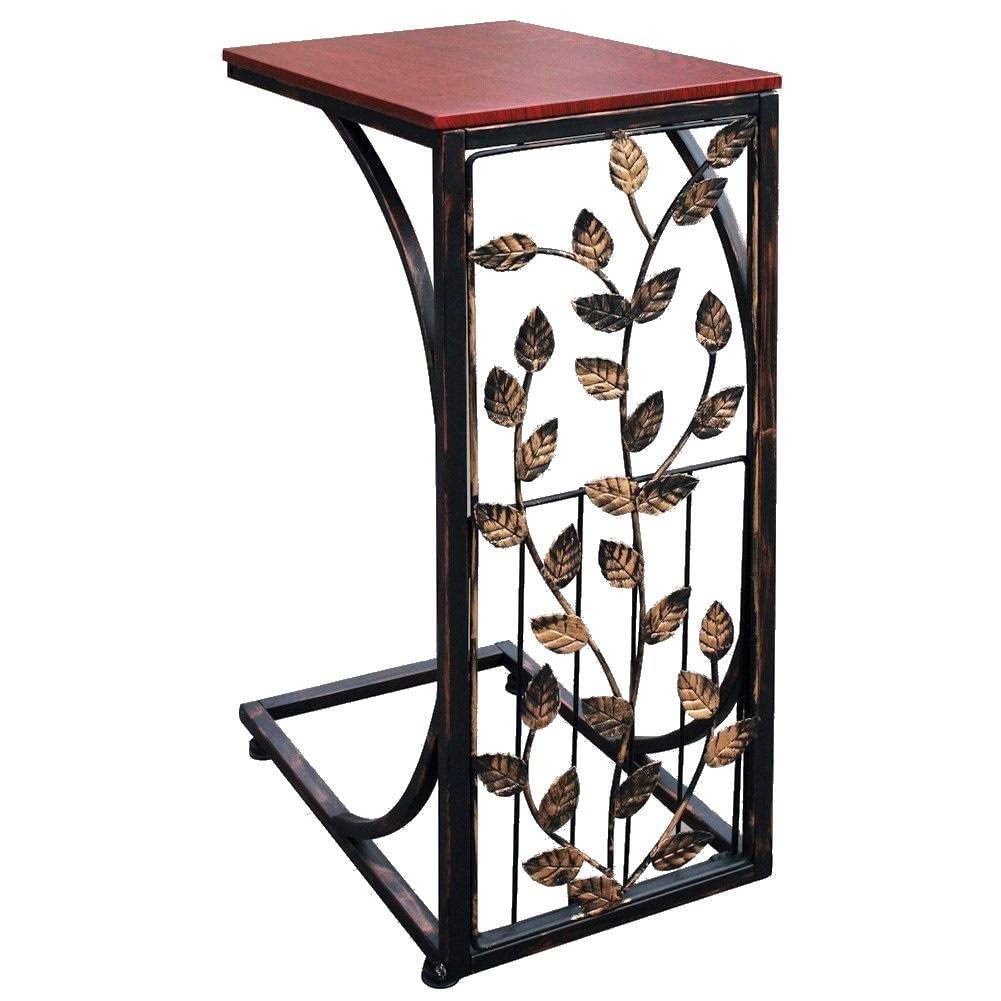 Dark Brown Wood Top Metal Sofa Side Table with Leaf Design - End Table for Living Room, Slides Under Sofa/Chair/Recliner - Perfect for Holding Drinks, Snacks, Books & Phone - Great for Movie Nights, Reading & Relaxing