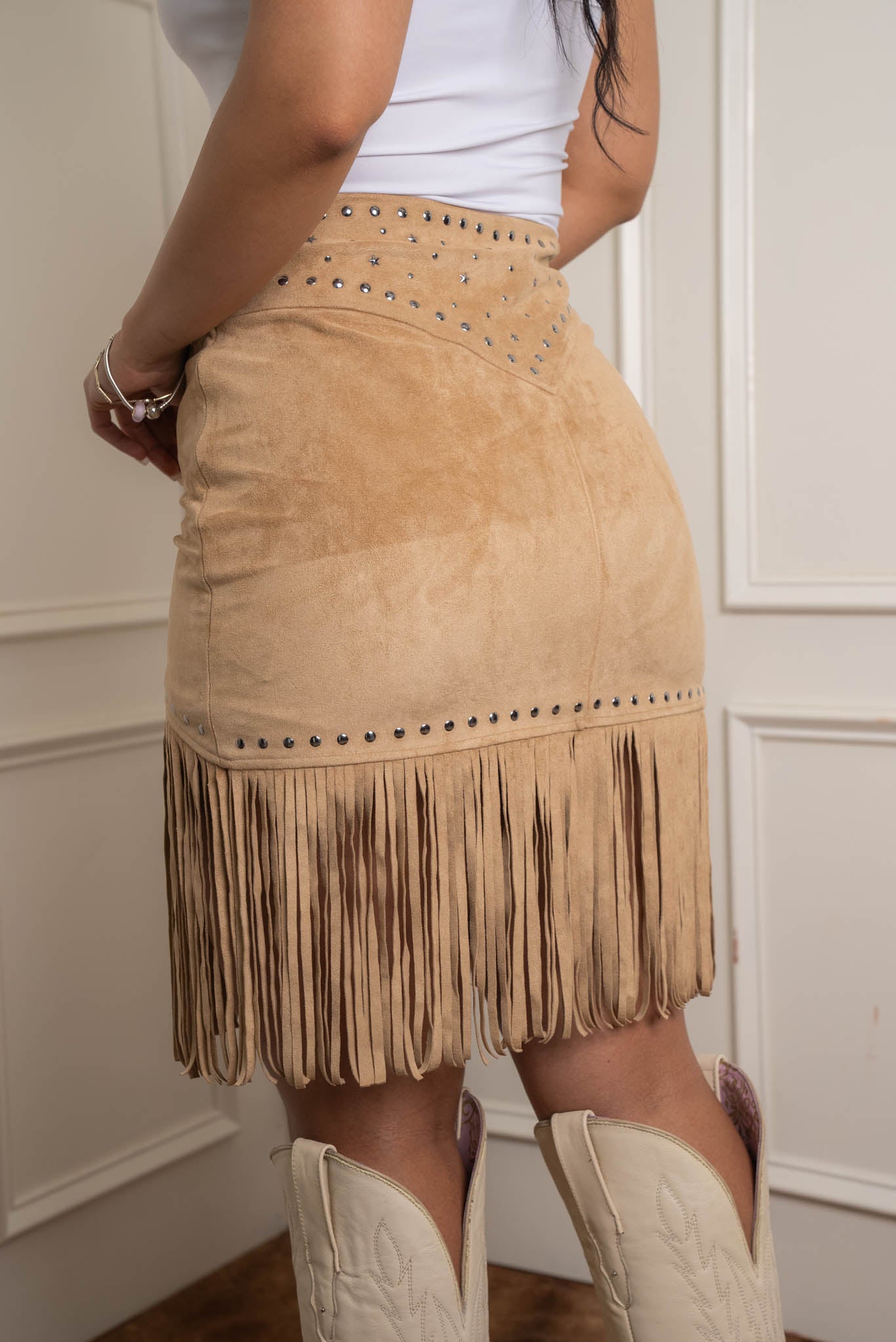 Rock & Roll Denim Fringe Mini Skirt for Women - Vintage Distressed High Waisted Denim Skirt with Fringe Trim | Perfect for Concerts, Music Festivals & Boho Outfits