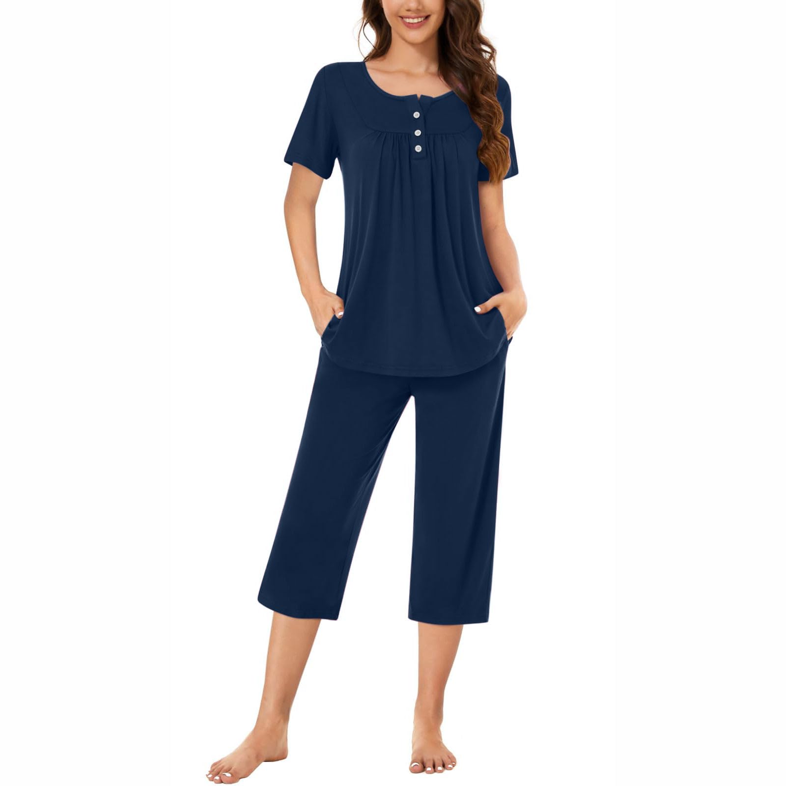 Plus Size Women's Capri Pajama Set - Short Sleeve Top & Capri Pants 2-Piece Lounge Wear | Soft & Comfy PJs for Sleep, Relaxing at Home & Vacation
