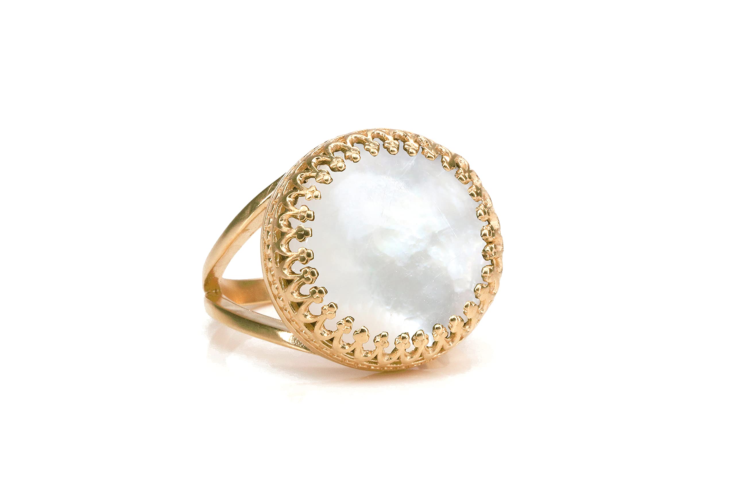 14K Gold Filled Mother of Pearl Ring for Women - Round Anemone Jewelry with Pearl Accents - Perfect Birthstone Gift, Engagement Ring & 30th Anniversary Present (Includes Jewelry Box) | Elegant Everyday Wear, Special Occasions & Romantic Gifts