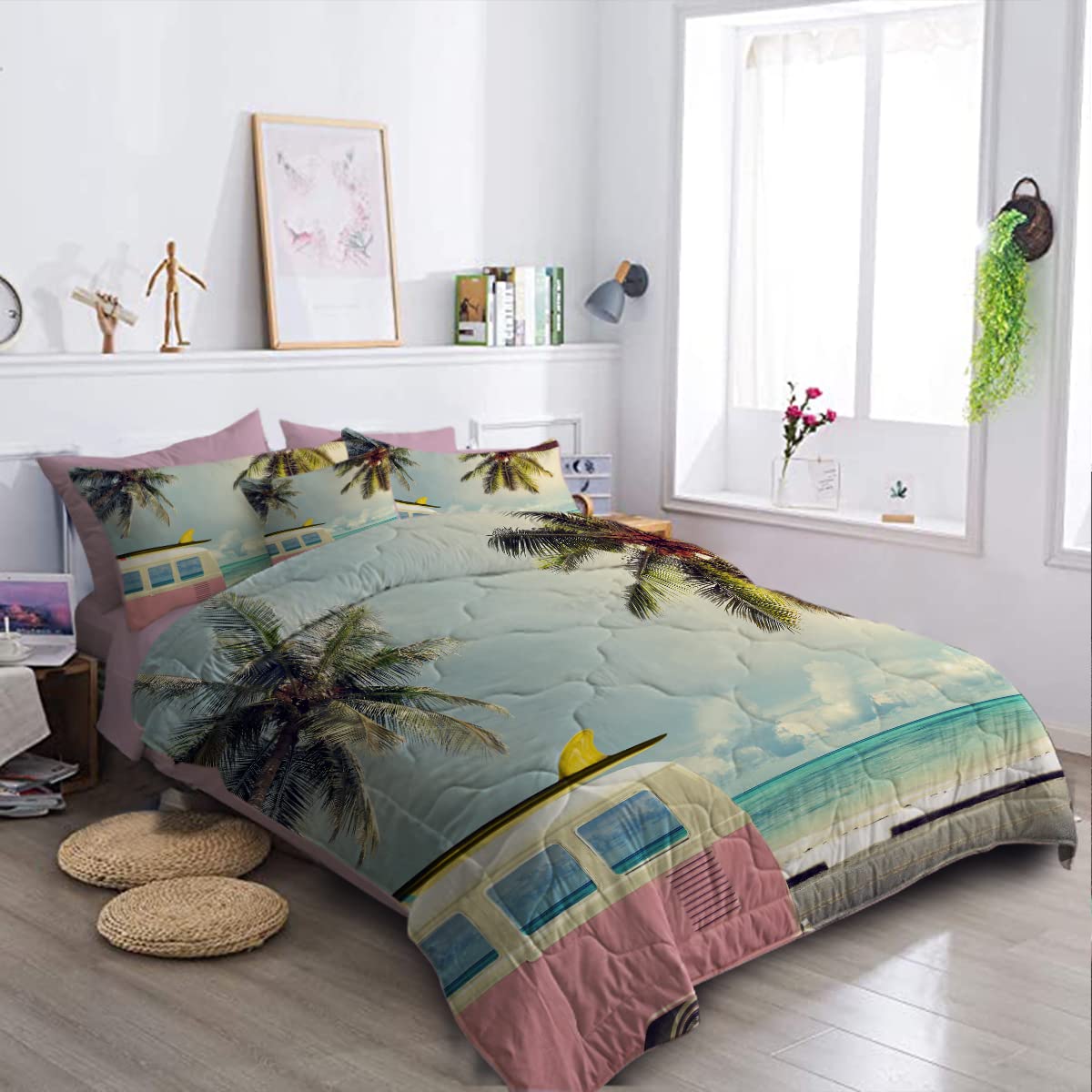 BlessLiving 8-Piece Coconut Palm Comforter Set - Tropical Beach Bedding for Twin Beds, Includes Comforter, Sheets, Pillowcases, Shams & Cushion Cover | Perfect for Coastal, Vacation & Boho Bedroom Decor