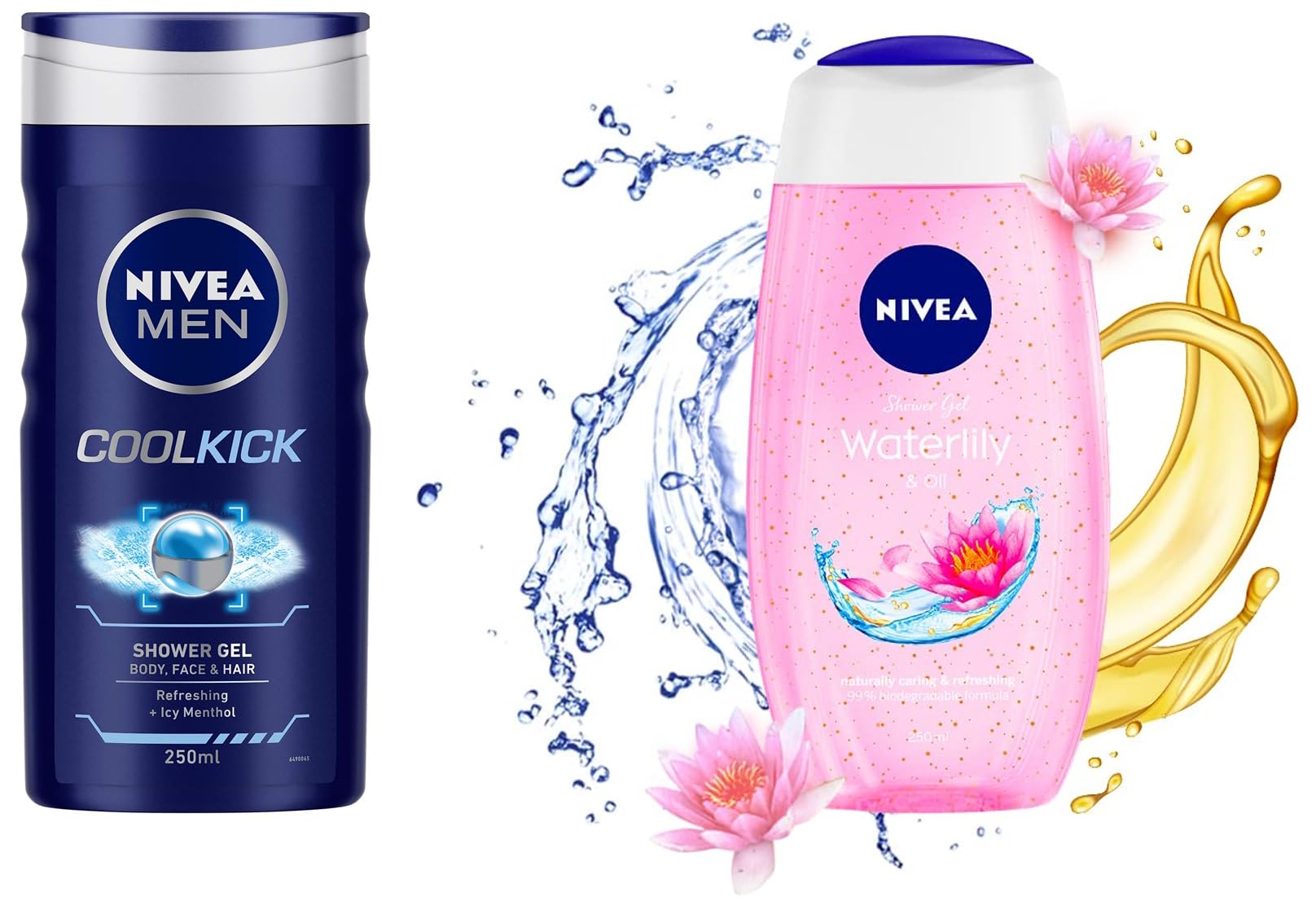 1. NIVEA Water Lily & Oil Body Wash for Women - 250ml | Hydrating & Nourishing Shower Gel for Soft Skin | Perfect for Daily Use & Relaxing Baths   2. NIVEA Men Cool Kick Body Wash - 250ml | Refreshing & Energizing Shower Gel for Men | Ideal for Post-Workout & Morning Routine