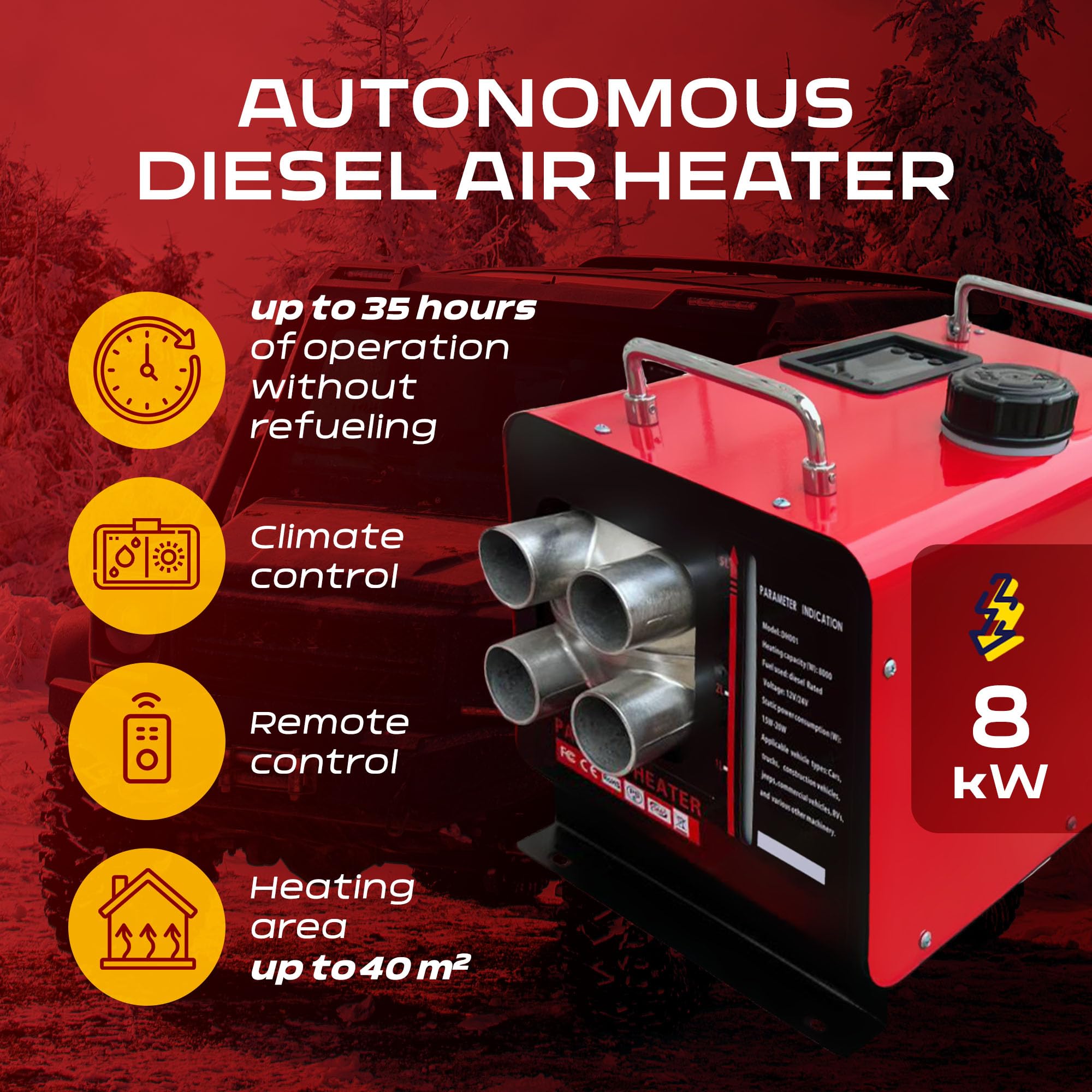 8kW Diesel Heater 12V/24V/220V Portable Air Heater with 5L Fuel Tank, LCD Display & Remote Control -40°F to +176°F for RV, Truck, Camper, Trailer, Garage, Workshop - Fast Heating & Energy Efficient