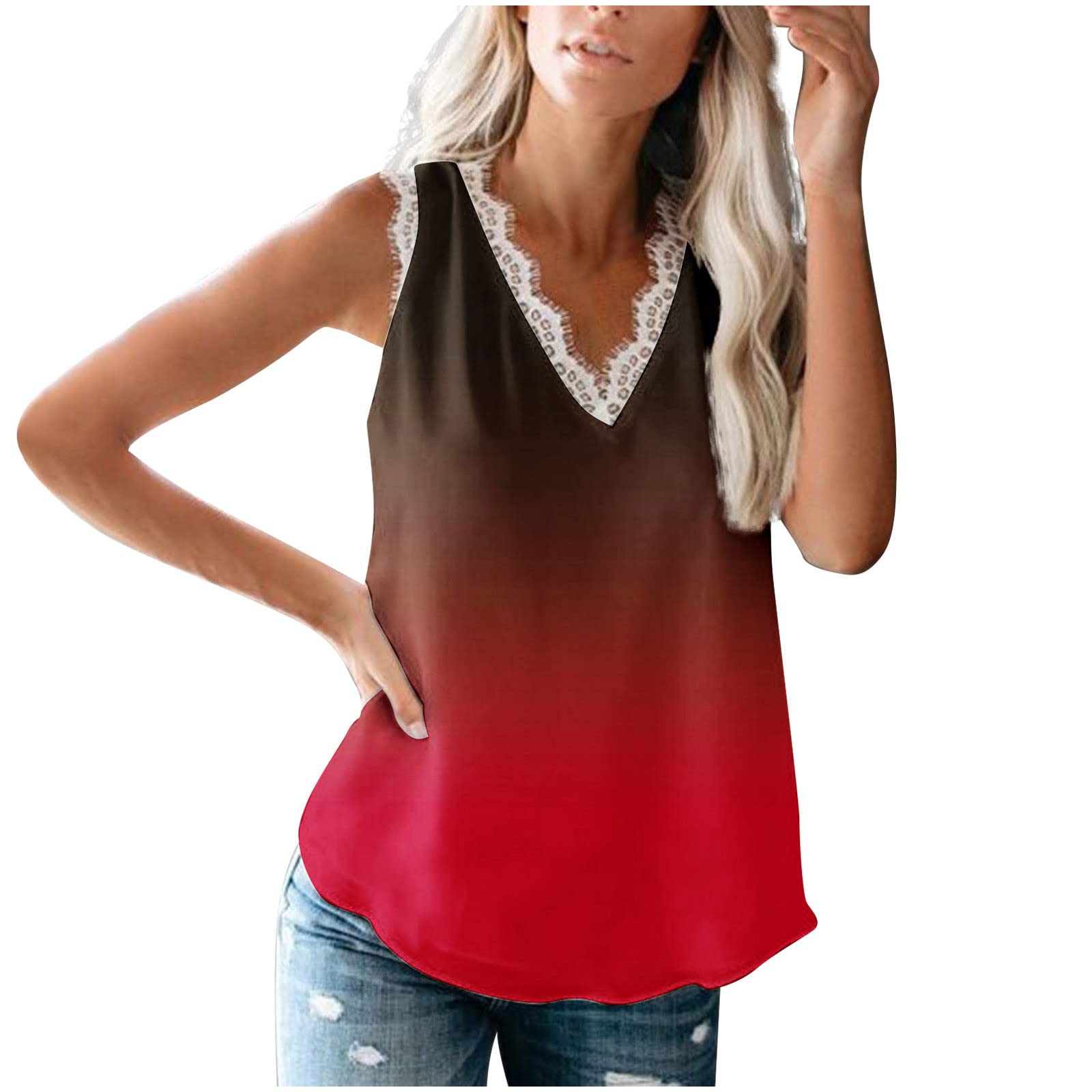 Women's V-Neck Lace Trim Tank Tops - Sleeveless Loose Fit Casual Blouse for Summer, Beach & Date Night Outfits
