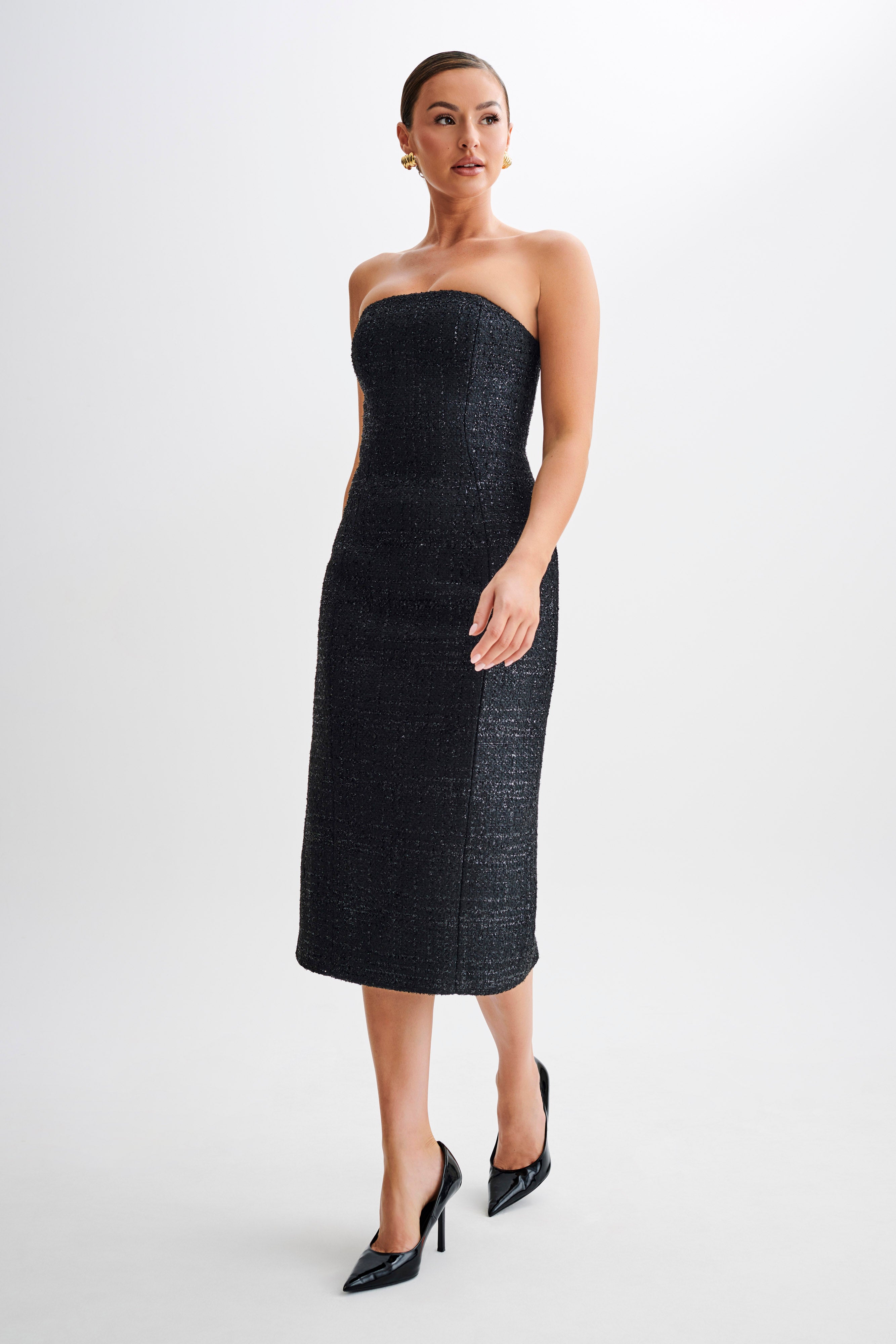 Monet Tweed Strapless Midi Dress in Black - Elegant Cocktail Party & Wedding Guest Outfit