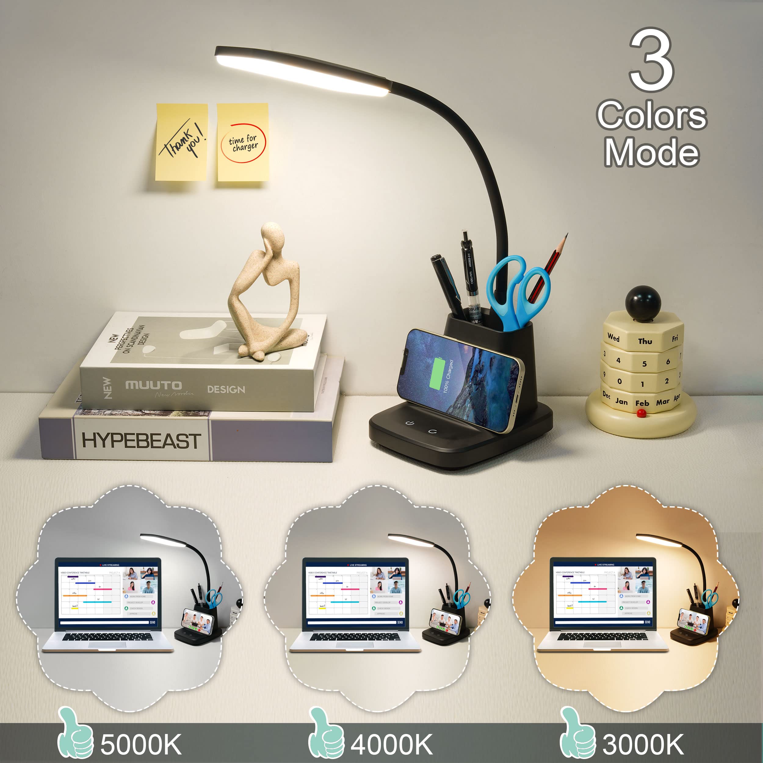 Sailstar LED Desk Lamp with Wireless Charger & Pen Holder - 3 Color Modes, Dimmable, 800LM, CRI85 - Perfect for Home Office, Study & College Dorm Room (Black, Adapter Included)