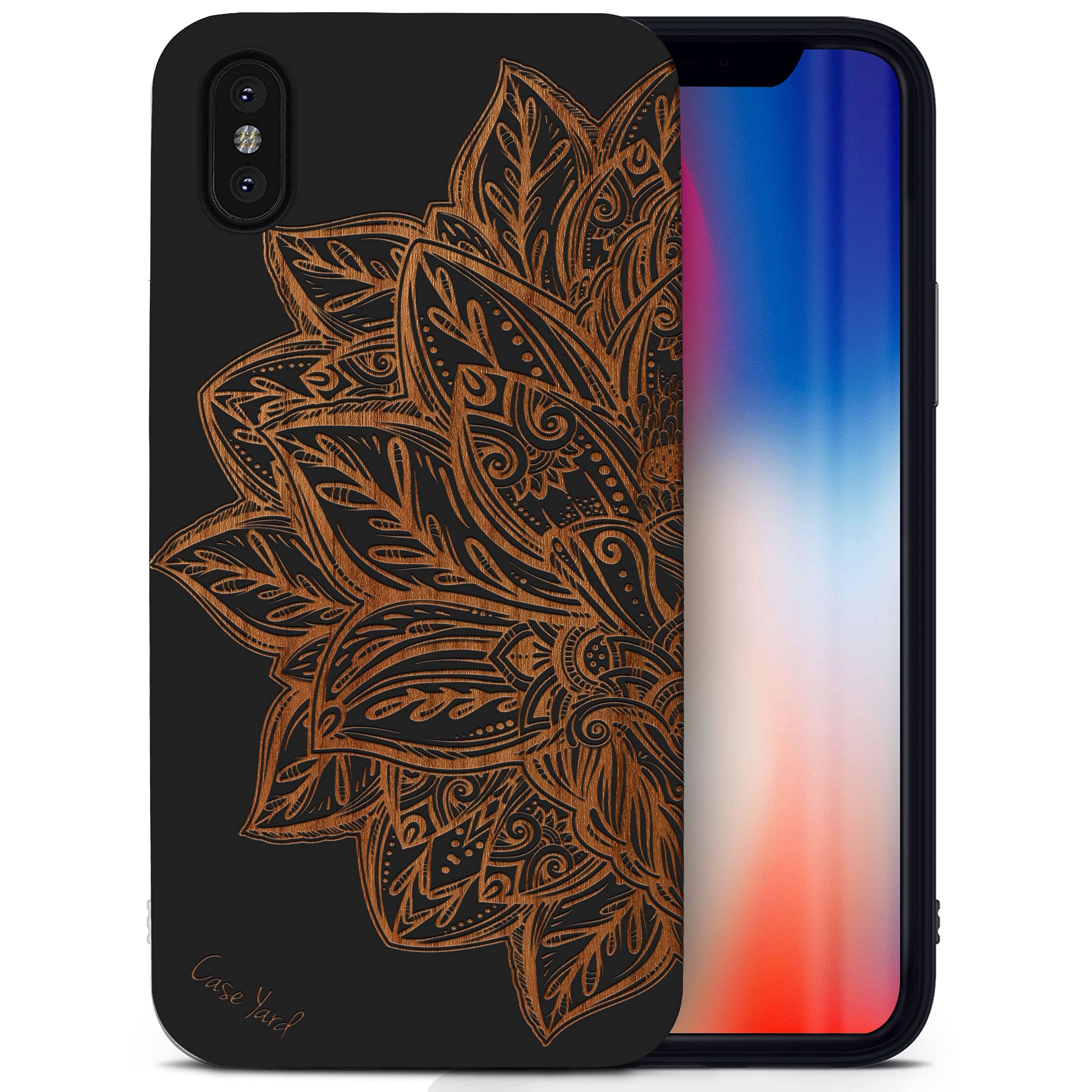 Wooden iPhone X Case with Laser Engraved Lotus Flower Design - Slim Fit Shockproof Protective Cover for Men & Women | Perfect for Daily Use, Travel & Gift Giving