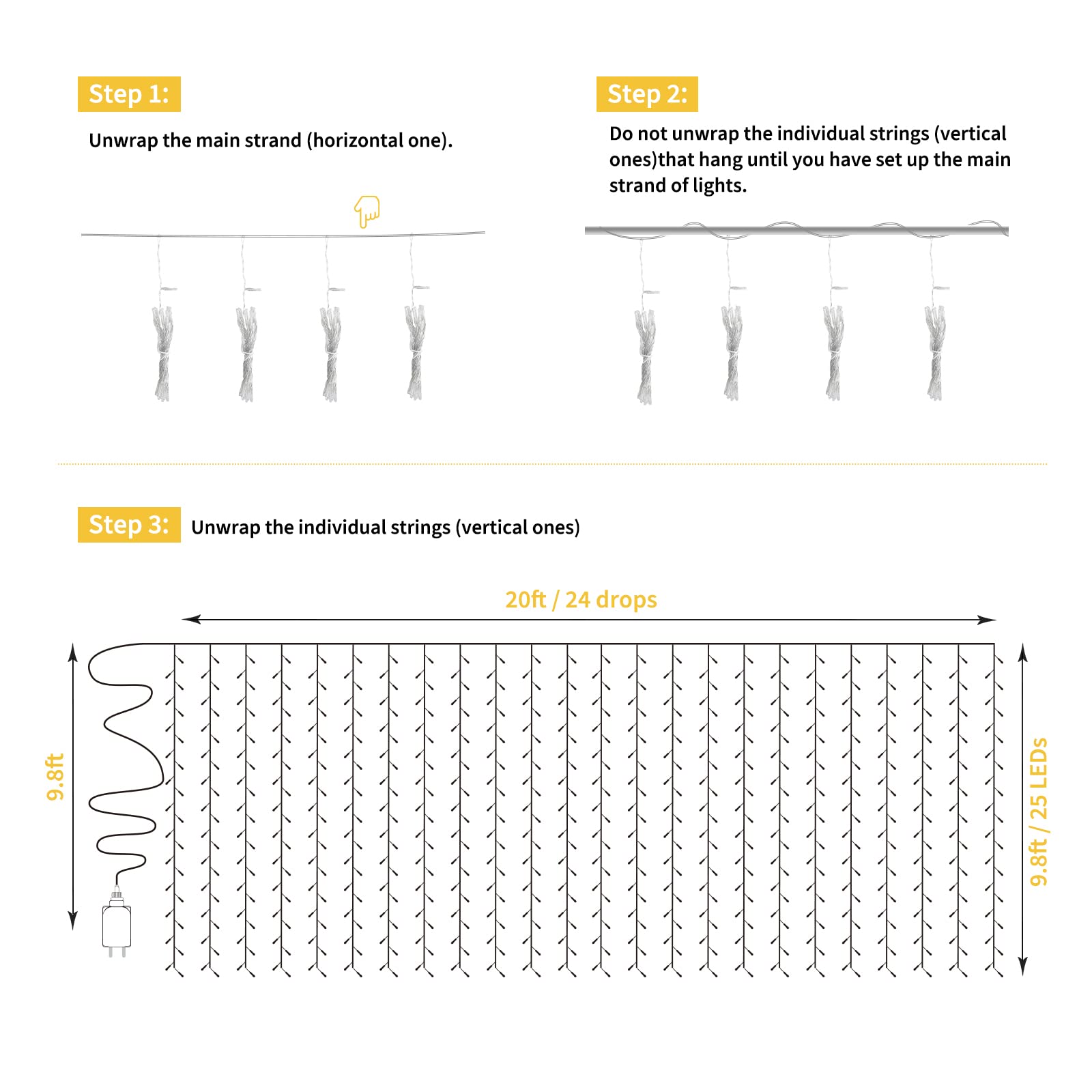 600 LED Fairy Twinkle Curtain String Lights - 20ft Window Lights with Remote & Timer, 8 Lighting Modes for Bedroom, Wedding, Party Backdrop - Indoor/Outdoor Decoration (Warm White, Non-Connectable, Curtain Not Included) - Perfect for Holiday Decor, Romantic Ambiance, and Special Events