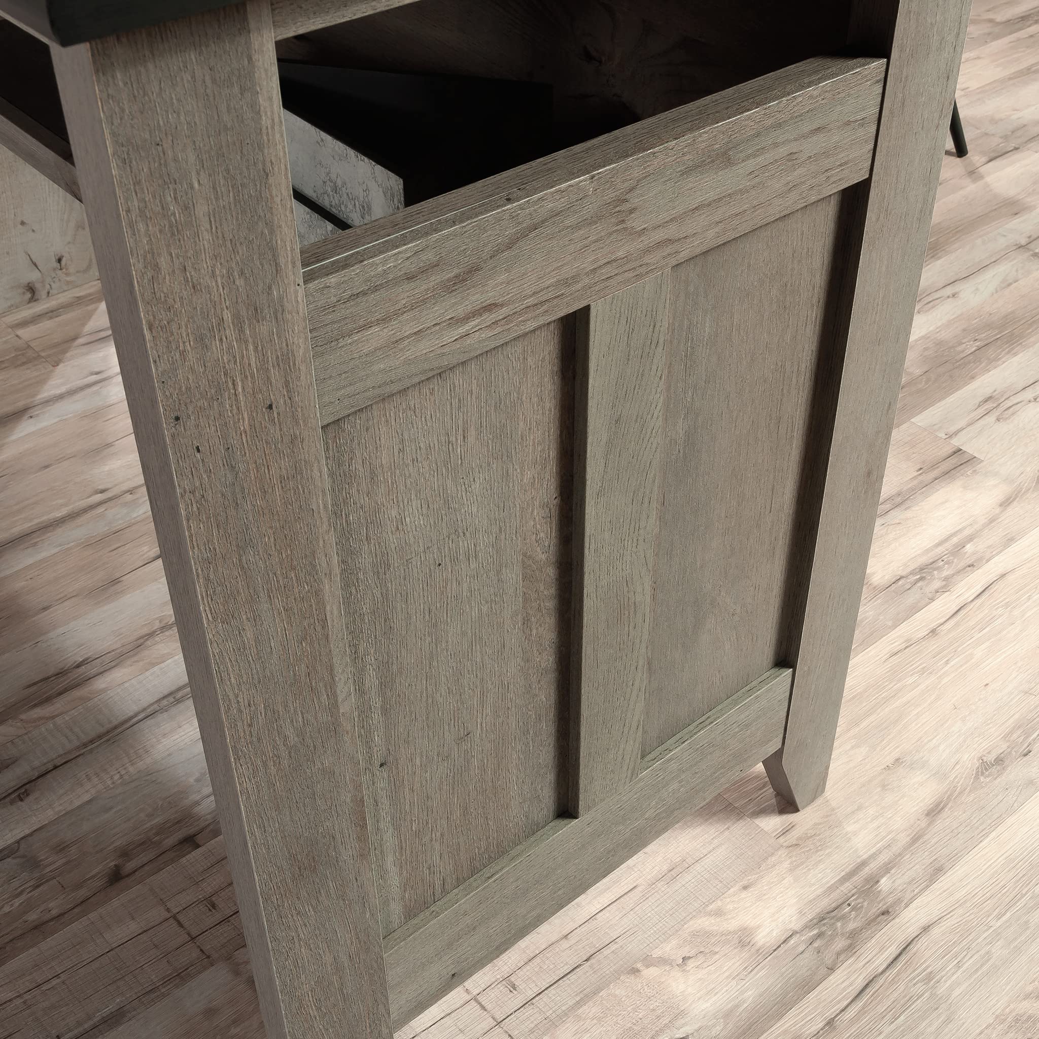 Sauder August Hill L-Shaped Farmhouse Office Desk - Corner Computer Desk with File Drawer & Cable Management in Mystic Oak Finish | Perfect for Home Office, Study Room & Small Spaces